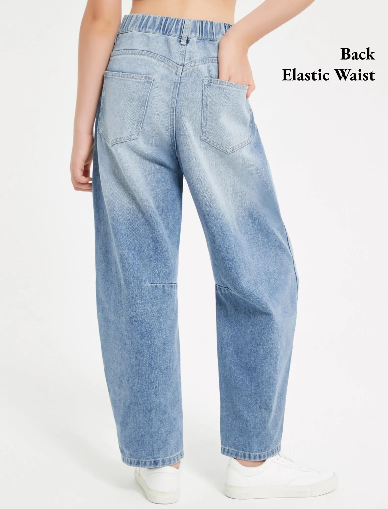 EXARUS Jeans de pierna ancha para niñas, holgados, hasta el tobillo, cintura media, banda elástica con bolsillos, para niños de 6 a 14 años