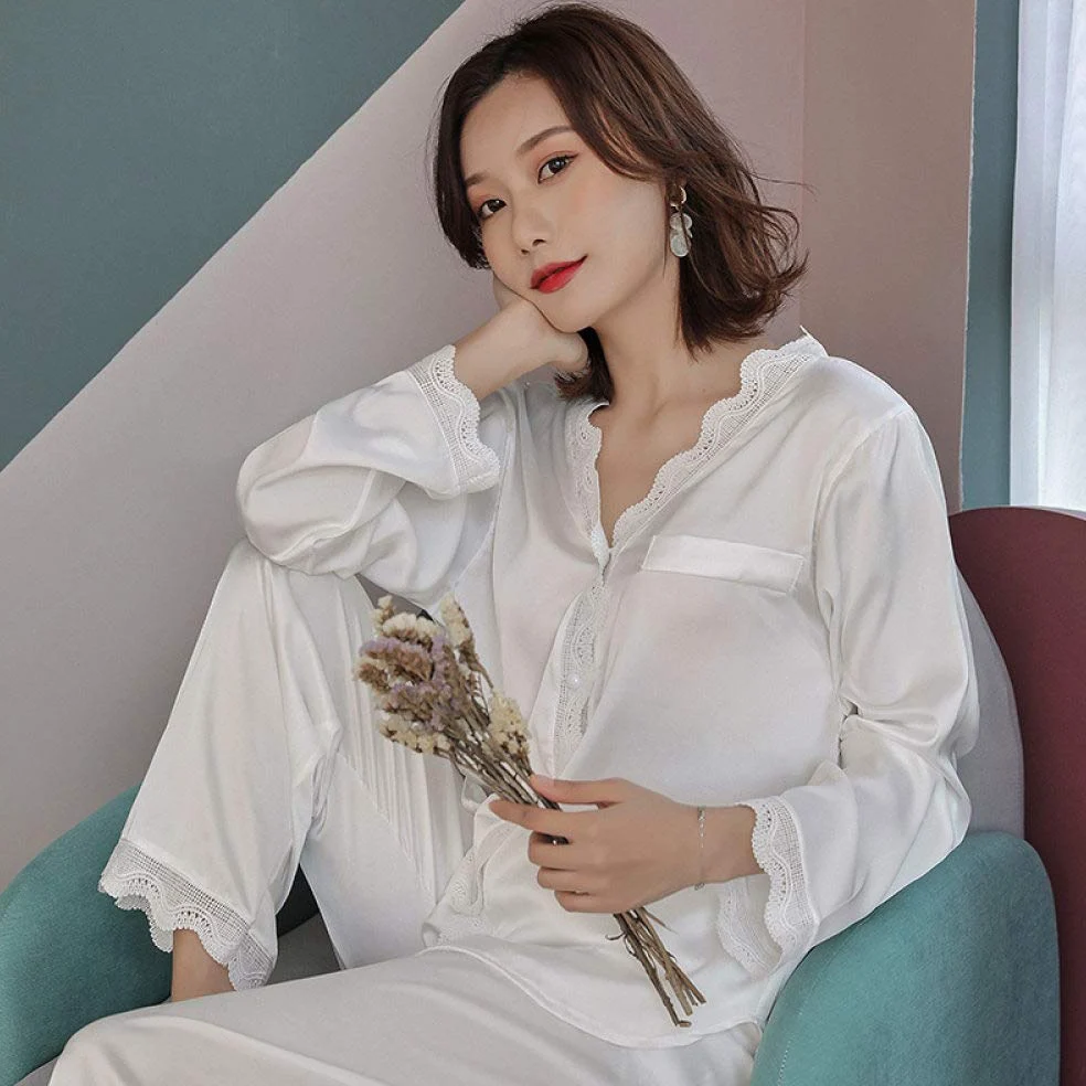 Pijamas De Mujer,Conjunto De Pijama De Seda Elegante De 2 Piezas Con Cuello En V De Satén,Manga Larga,Con Botones, Ropa De Dormir Fina Con Ribete De Encaje,Ropa De Salón De Color Puro Para Damas,Bl