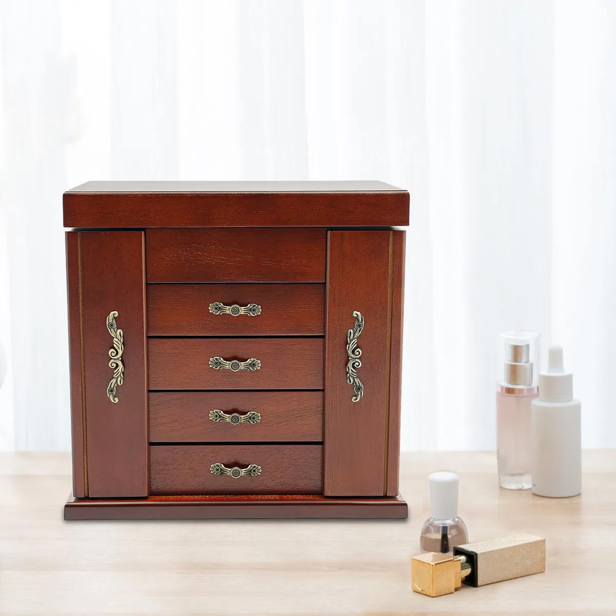 Joyero de madera grande, joyero con cajones de madera, con llave y cerradura, puertas dobles para anillos, pendientes, collares