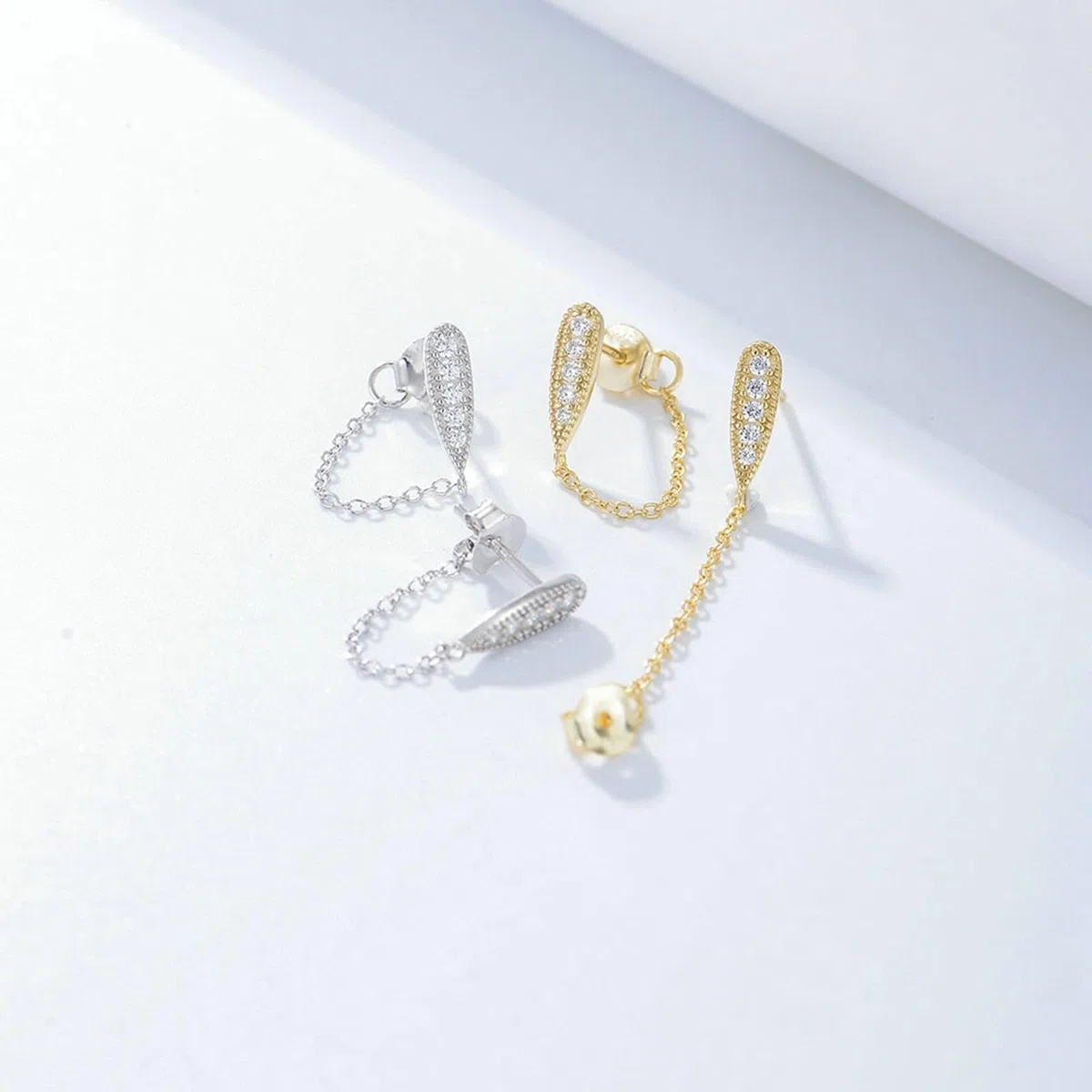 Pendientes de oro auténtico de 18 quilates de oro blanco 750 con diamante, cadena de pendientes