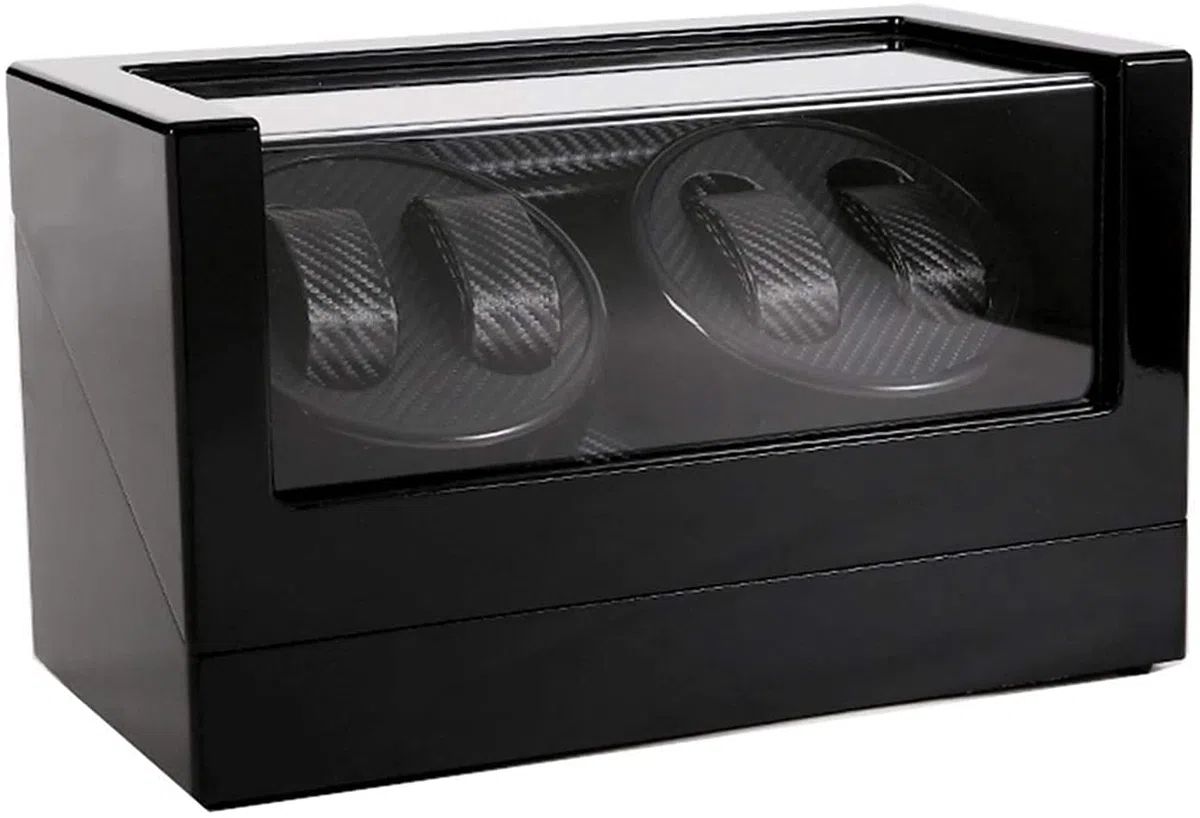 Vitrina de reloj giratoria automática de madera de gama alta, doble cabeza, cuatro relojes epítopos, caja de almacenamiento, soporte de exhibición, relojes mecánicos ultrasilenciosos, agitador (negro)