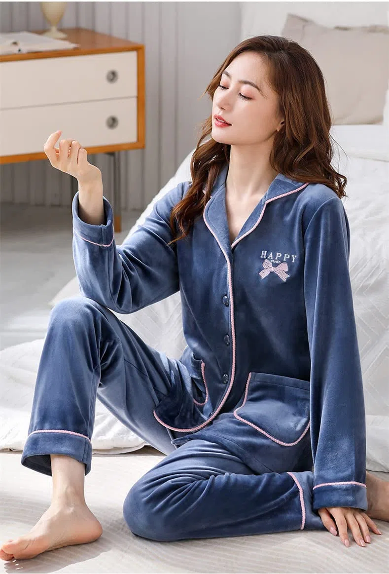 LUBOSE Pijama de franela para mujer, conjunto de ropa de descanso, 2 piezas, pijama con botones, ropa de descanso térmica (XL, azul marino)