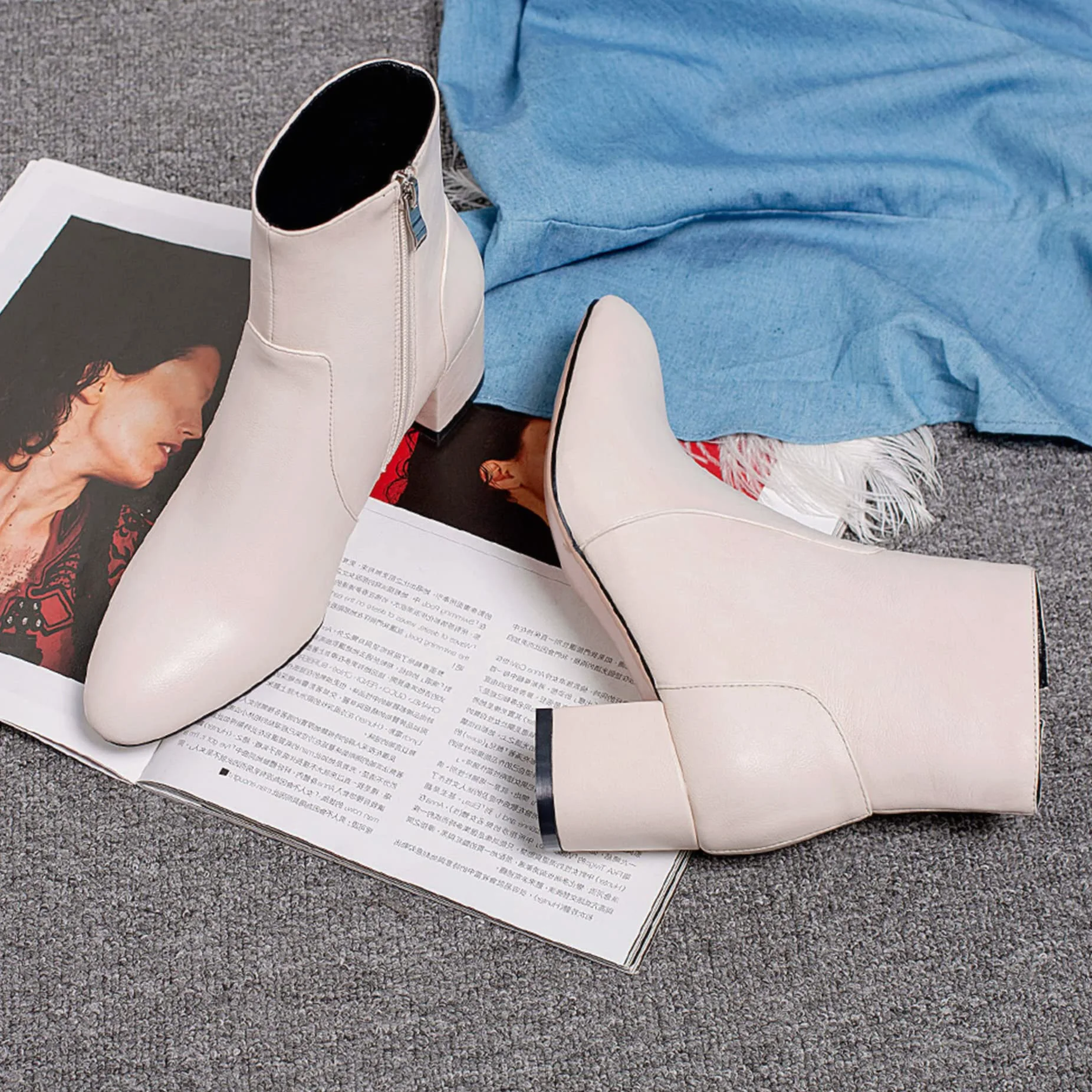 Botines Mujer Tacón Ancho, Botines de Vestir Tacón Medio Almond Toe Botín Zip Sencillo, Talla 33-45
