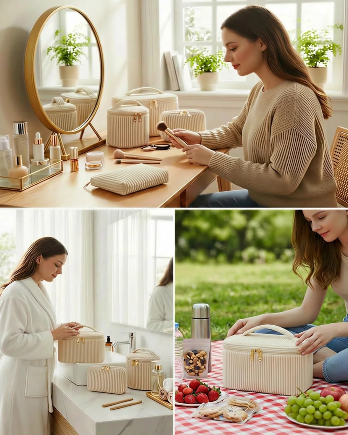 Set de 4 Neceseres Maquillaje Mujer de Nailon con Asa, Estuche Cosméticos Grande Mediano Pequeño Mini, Organizador de Viaje y Uso Diario, Beige
