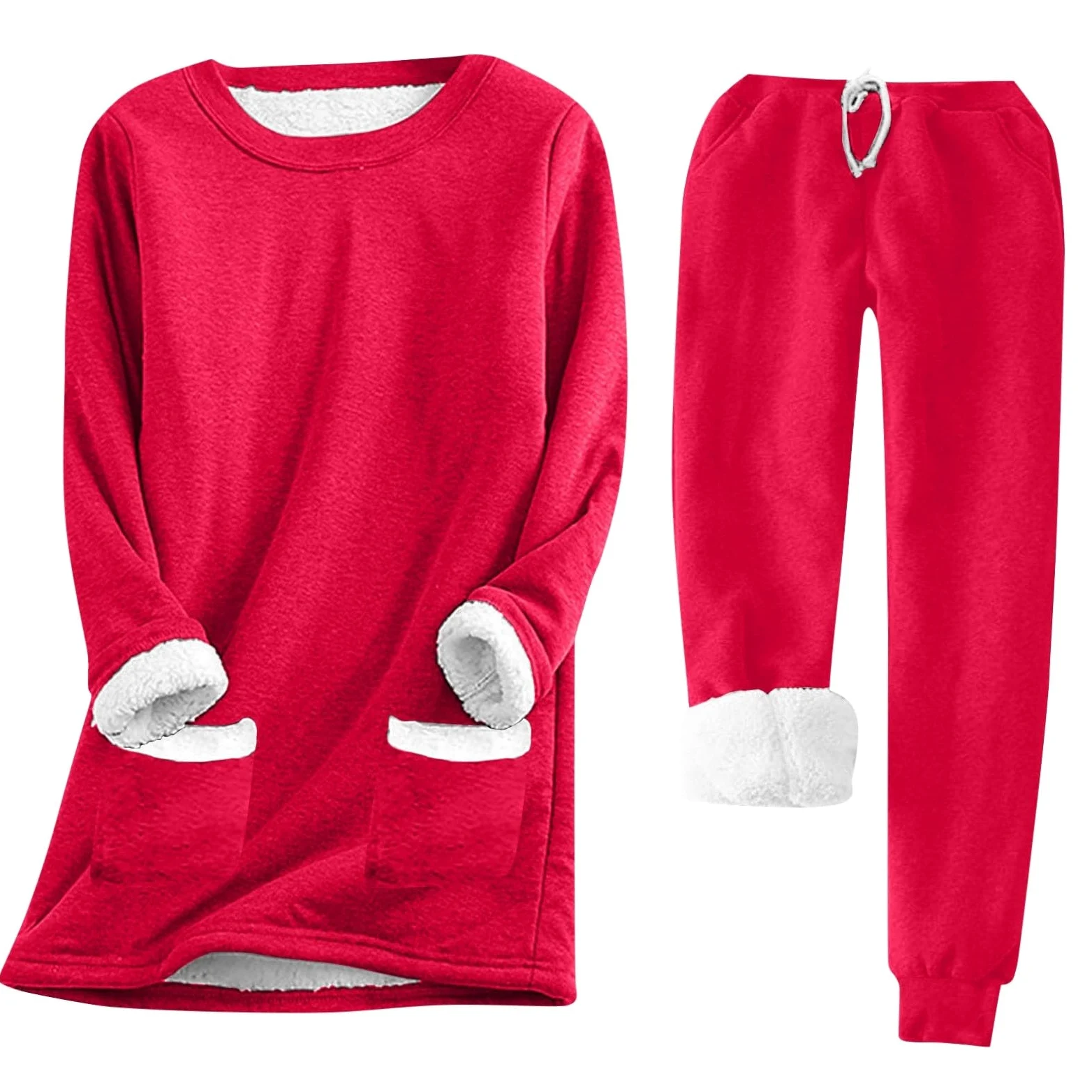 Traje térmico de invierno de forro polar para mujer, conjunto de parte superior y pantalones gruesos y ajustados, sudadera cómoda e informal, cuello redondo, manga larga, pantalones de cintura
