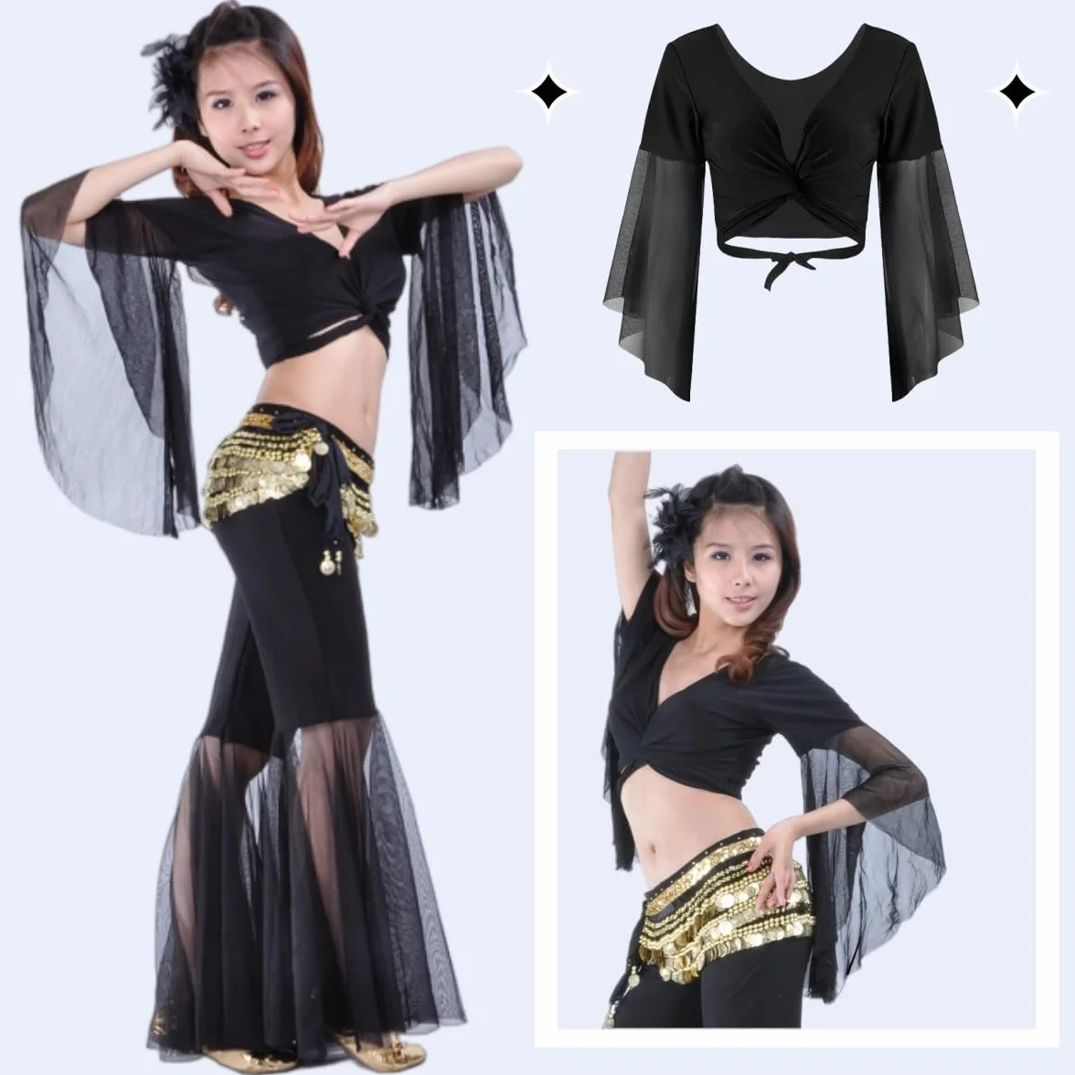 Blusa de baile mangas acampanadas mujer cuello V tul 3/4 cruzada danza del vientre tribal