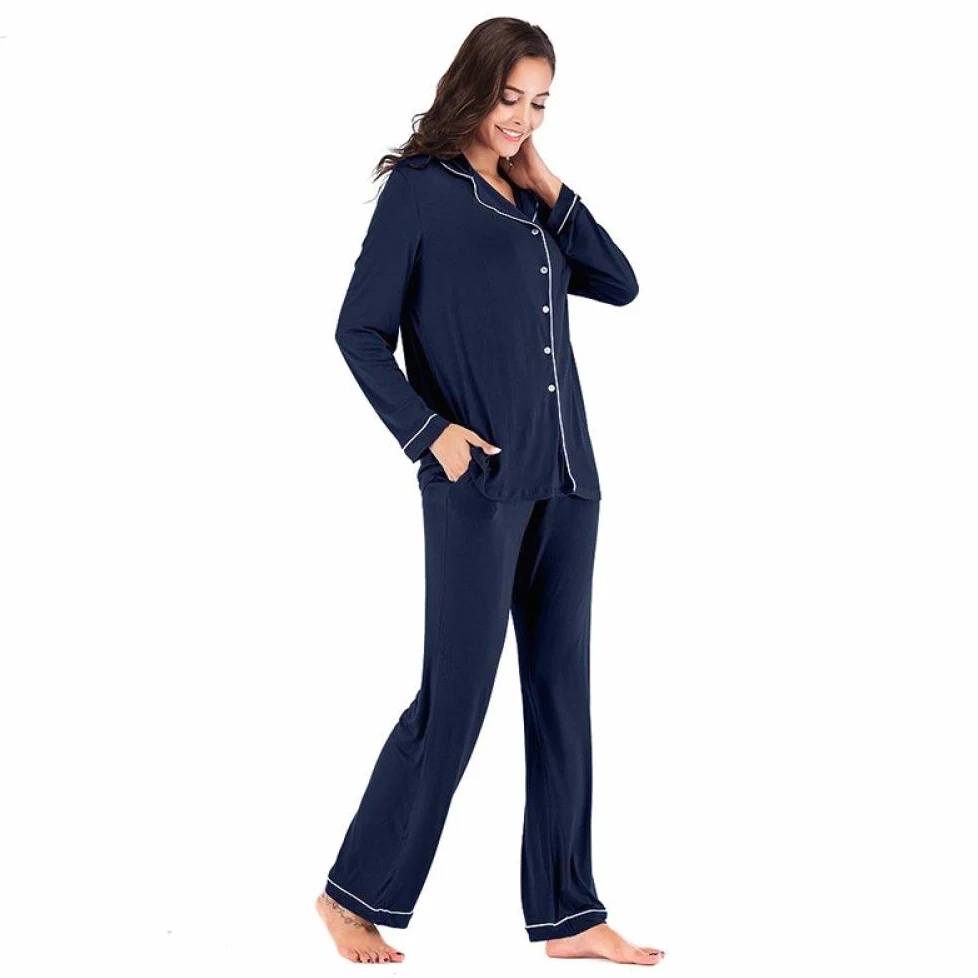 Conjunto De Pijamas De Mujer,Conjunto De Pijama Suave Clásico De Color Puro Modal De Algodón Con Botones Pjs Top & Bottoms Ladies Ropa De Dormir De Manga Larga Ropa De Dormir Para Todas Las Estacio