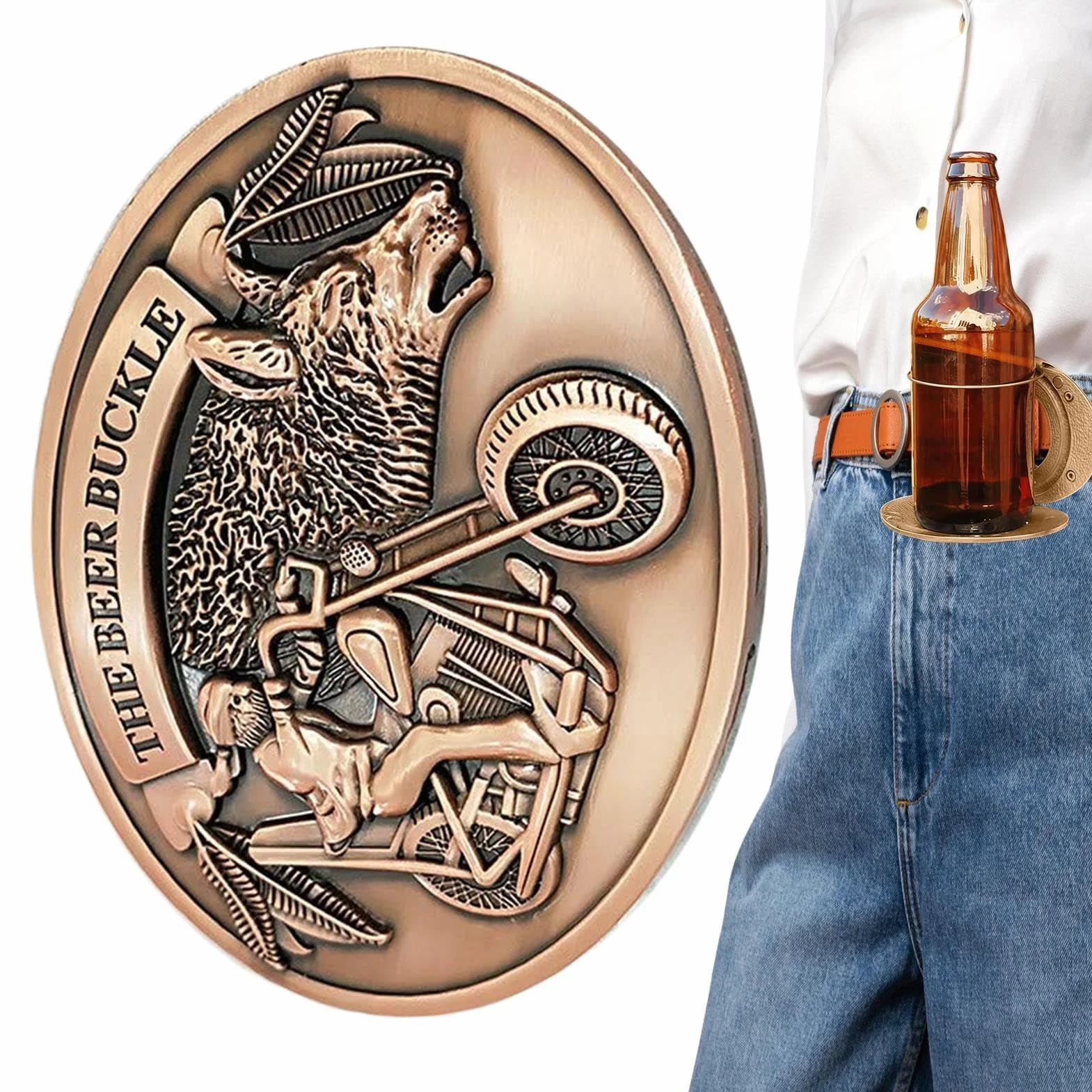 Soporte de cerveza con hebilla de cinturón, soporte de metal para tazas, unisex, manos libres, para botellas de cerveza y latas, estilo occidental, se adapta a cualquier cinturón estándar, para
