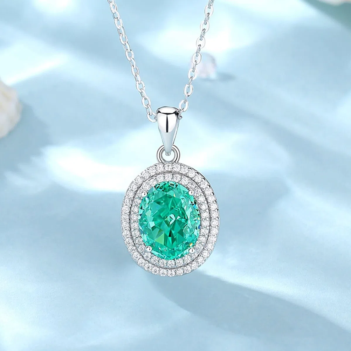 Collar con colgante para mujer, cadena de oro blanco de 9 quilates, 14 quilates y 18 quilates, 4 puntas ovaladas con paraiba y moissanita creadas de 3 quilates, collares verdes plateados para