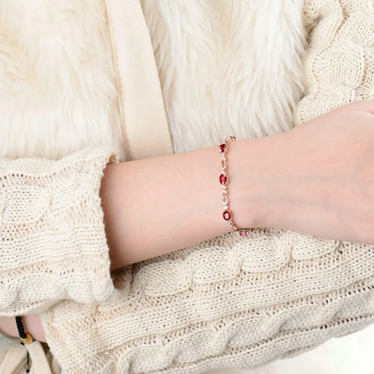 Pulseras Mujer Oro Rosa 9K / 14K / 18K, Oval con Rubí de 2 ct y Diamante de 0,62 ct, Cadena 16 CM, Pulseras Oro Rosa Mujer de