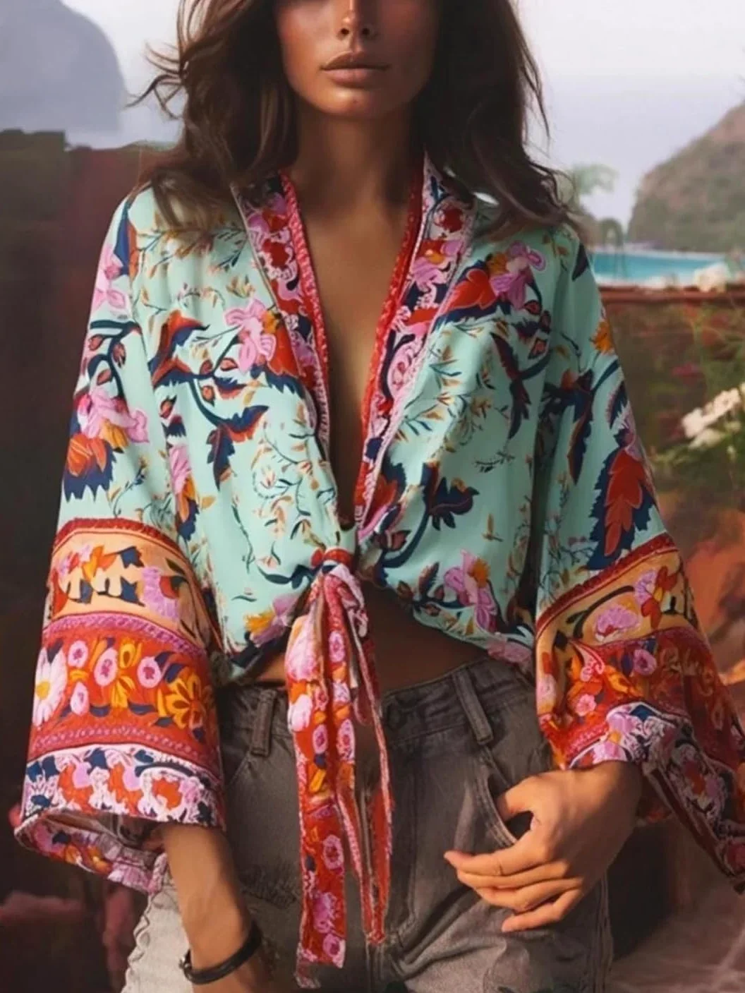 Kimono corto con estampado floral para mujer, cuello en V, mangas murciélago, bata bohemia para cubrir el bikini