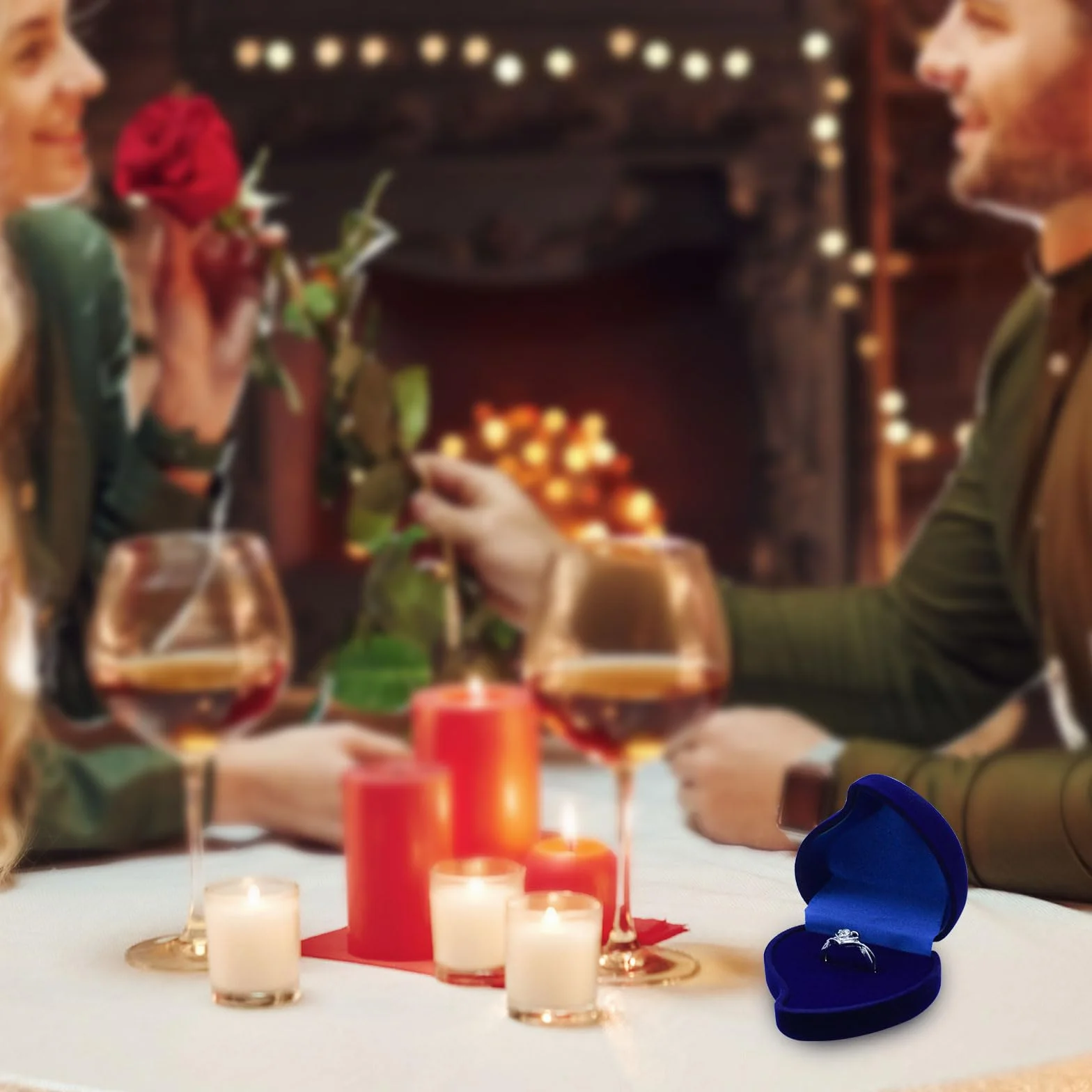 Caja de Terciopelo para Anillos de Compromiso con Forma de Corazón, Joyero Pequeño para Mujer (Azul)