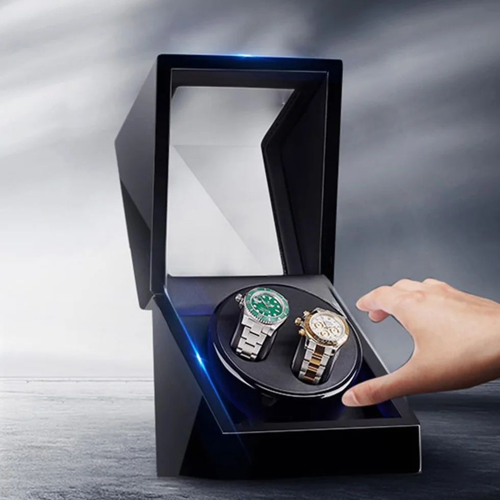 Enrollador de reloj doble para relojes automáticos, caja de cuero, 2 ranuras