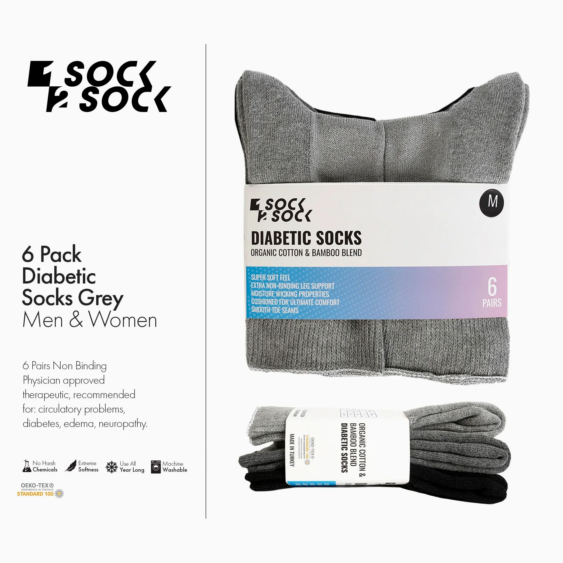 1SOCK2SOCK Paquete de 6 calcetines unisex de bambú de algodón orgánico para diabéticos, terapéuticos, sin ataduras, acolchados, gris, Large