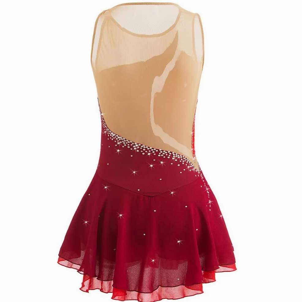 Vestido profesional de patinaje artístico para niñas, sin mangas, con diamantes de imitación, para danza sobre hielo, patinaje, gimnasia, leotardos