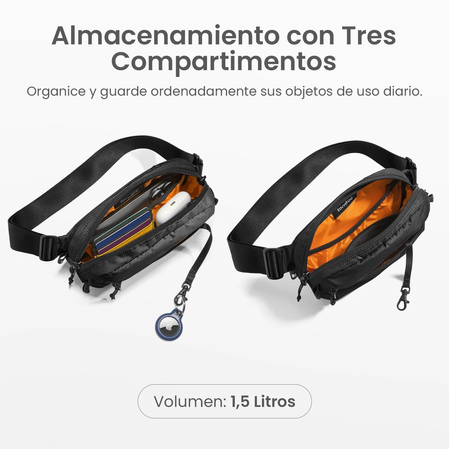 tomtoc 1,5 L Bolso Bandolera Sling Bag con Protección RFID, Riñonera Antirrobo Bolso Cruzado/Pecho Crossbody para Hombre y Mujer, Ligero y Resistente a Salpicaduras para Viajes y Uso Diario, Negra