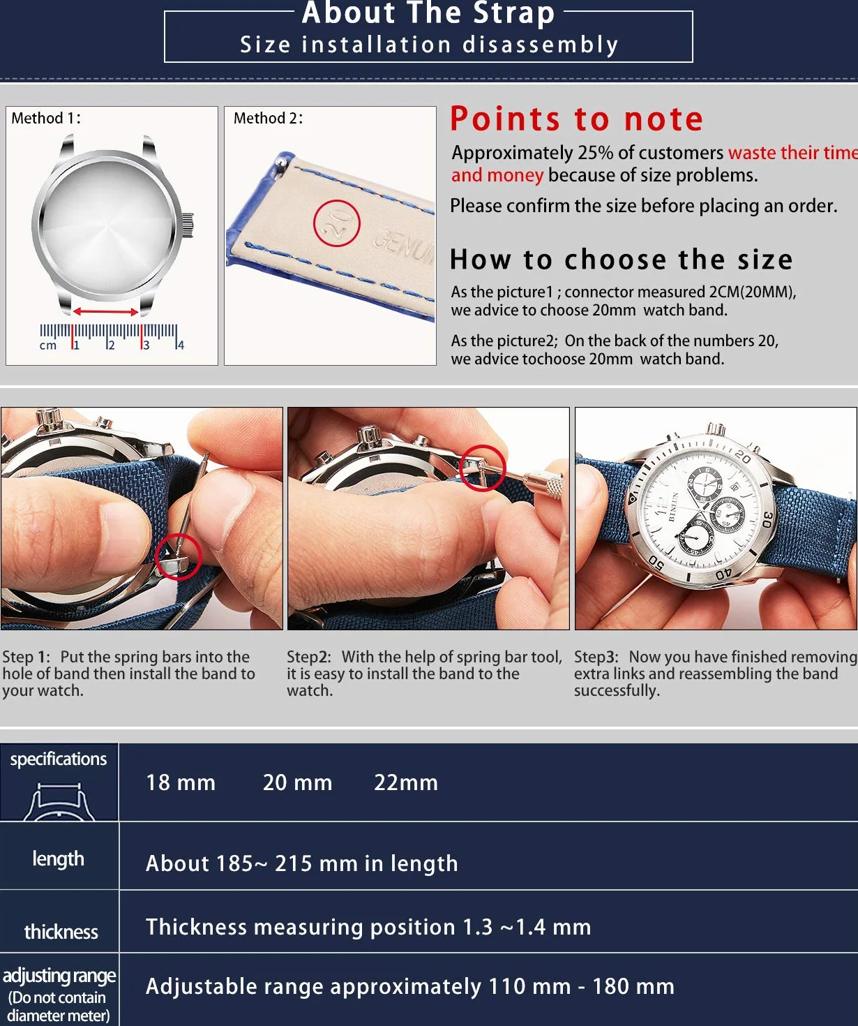 BINLUN Elástico Nylon Correa Reloj Marina Nacional Cierre de Gancho Correa para Reloj Calidad Alta con Hebilla Negra Plateada para Hombre Mujer 18/20/22mm