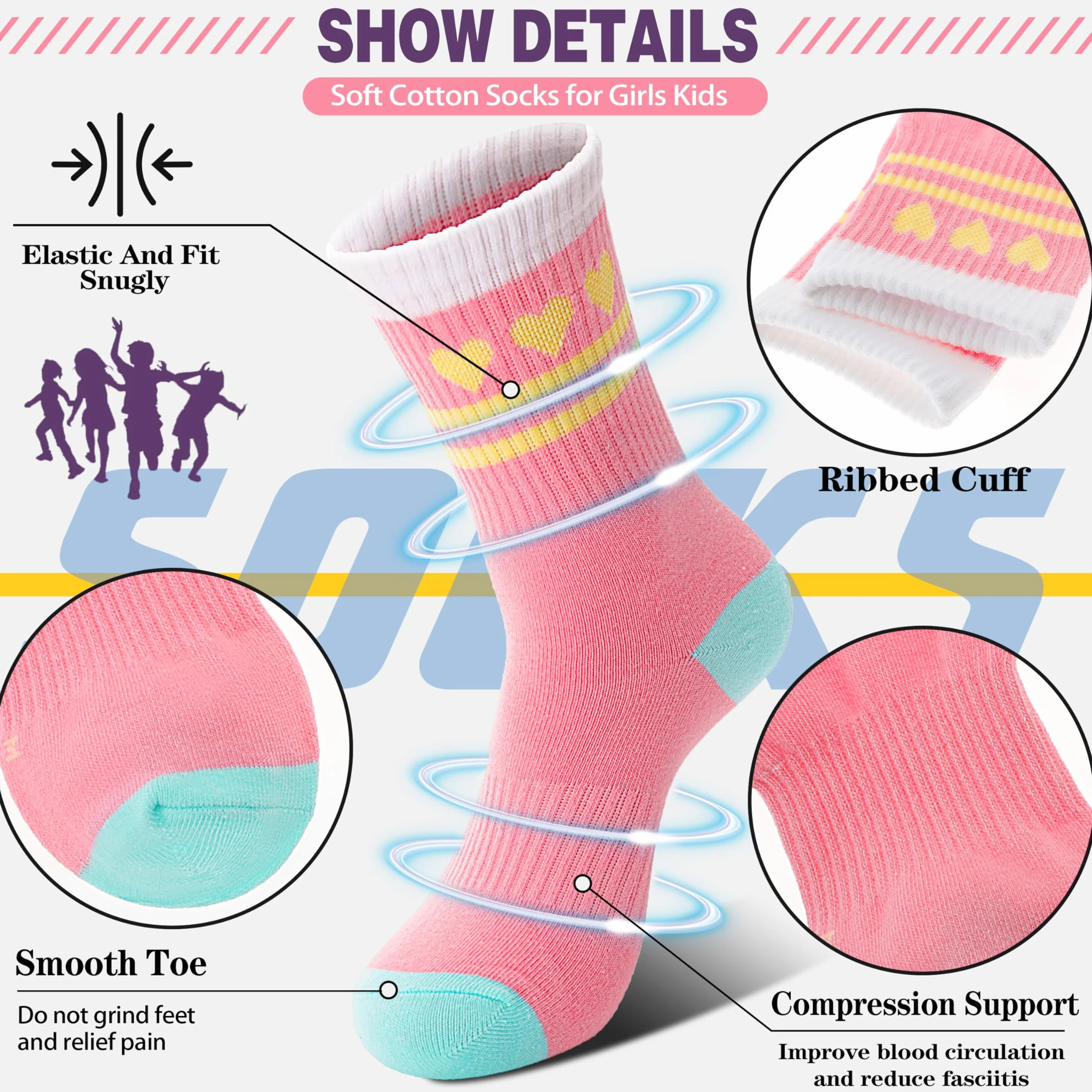 Sandsuced 6 pares calcetines atléticos niñas niños baloncesto deportes algodón respirables suaves actividades aire libre