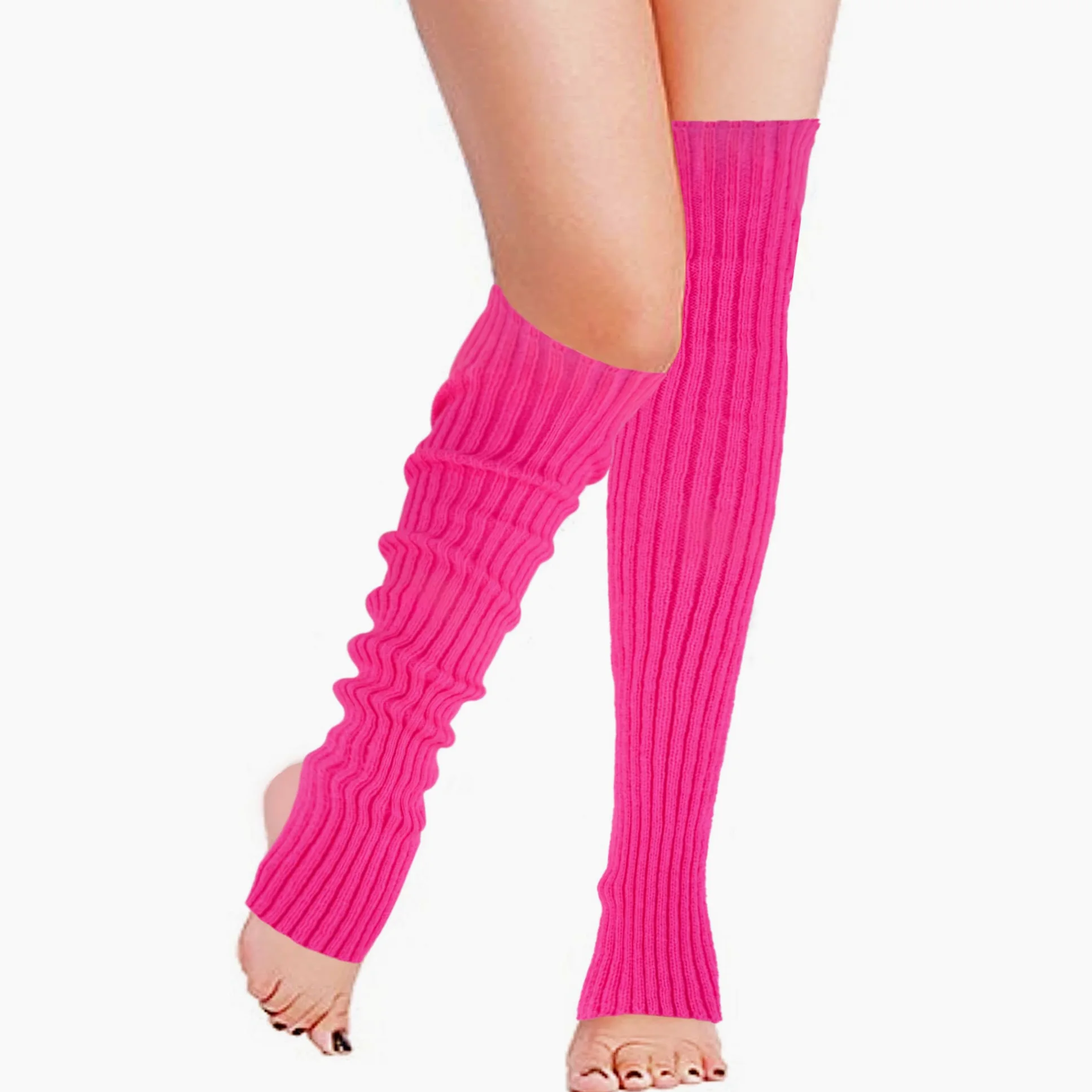 Calentadores de piernas largos de punto con estribo para mujer, por encima de la rodilla, acanalados, de neón para fiestas, bailes, deportes