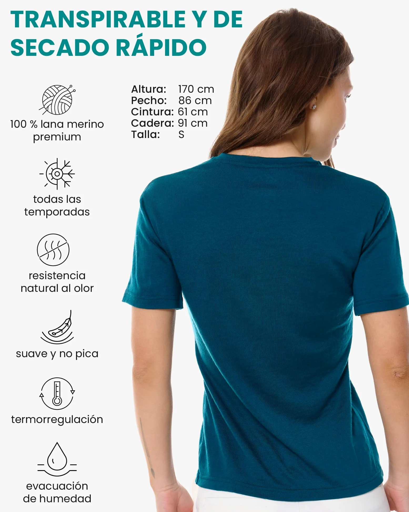 Merino.tech Camiseta Termica Lana Merino Mujer - Ropa Interior Base Layer 100% Lana Merino para Mujer (X-Large, Dark Teal V-Neck)