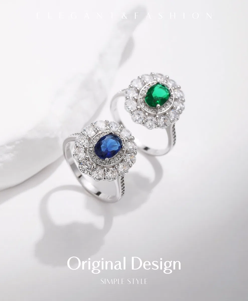 Anillos de boda de oro blanco, anillos para mujer, dedo medio, ovalado, con esmeralda fabricada en laboratorio