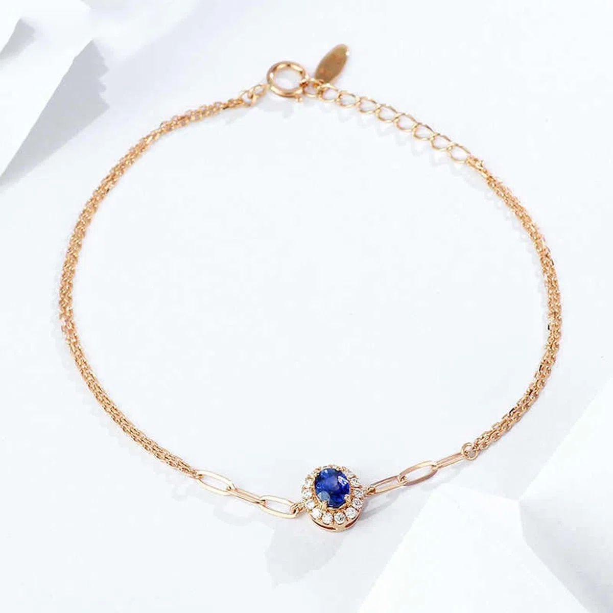 Pulseras de oro rosa para mujer, pulsera de promesa de zafiro azul de 0,4 quilates, cadena ovalada de doble capa con diamantes