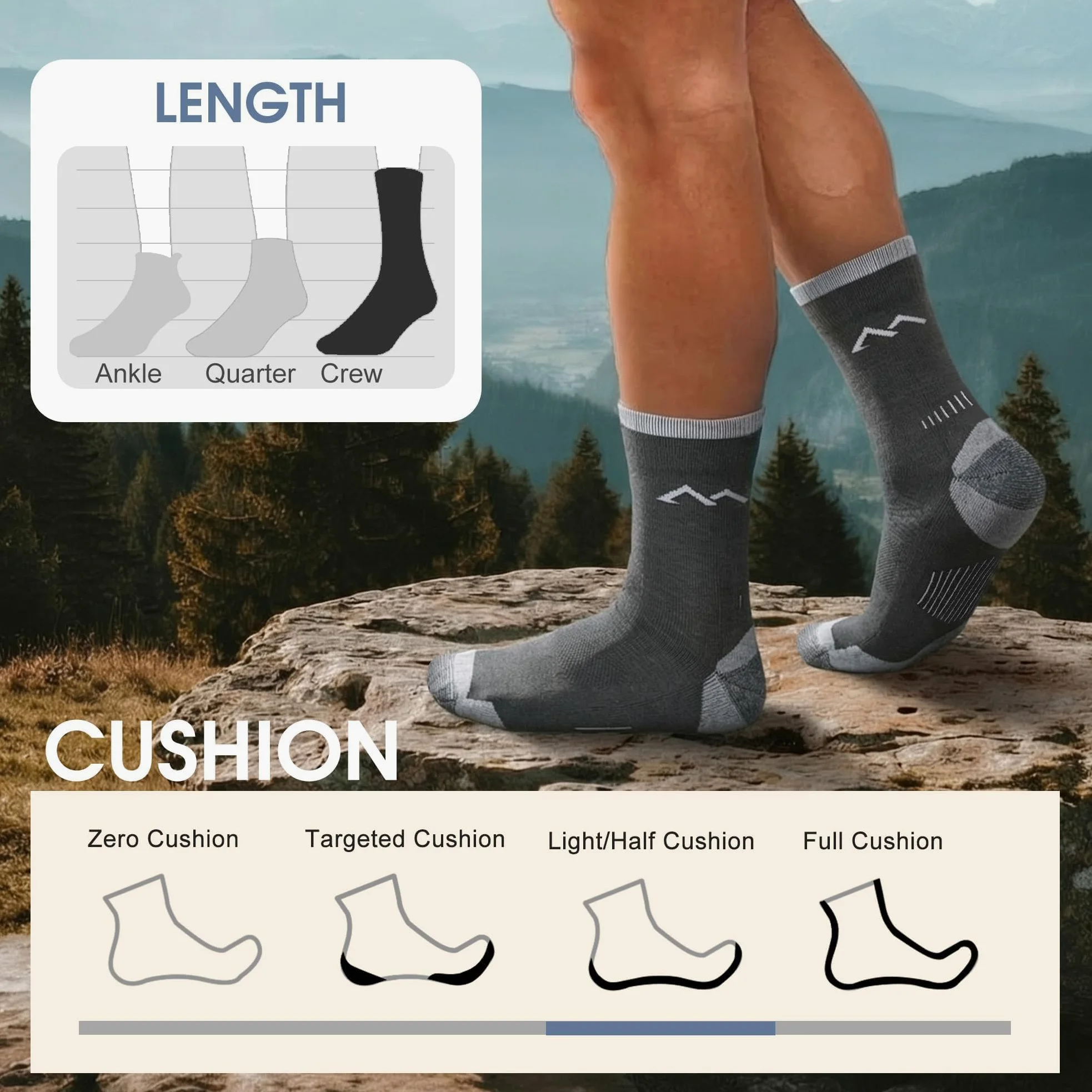 innotree Paquete de 3 calcetines de senderismo de lana merino para hombre, acolchados con micro tripulación, calcetines térmicos que absorben la humedad