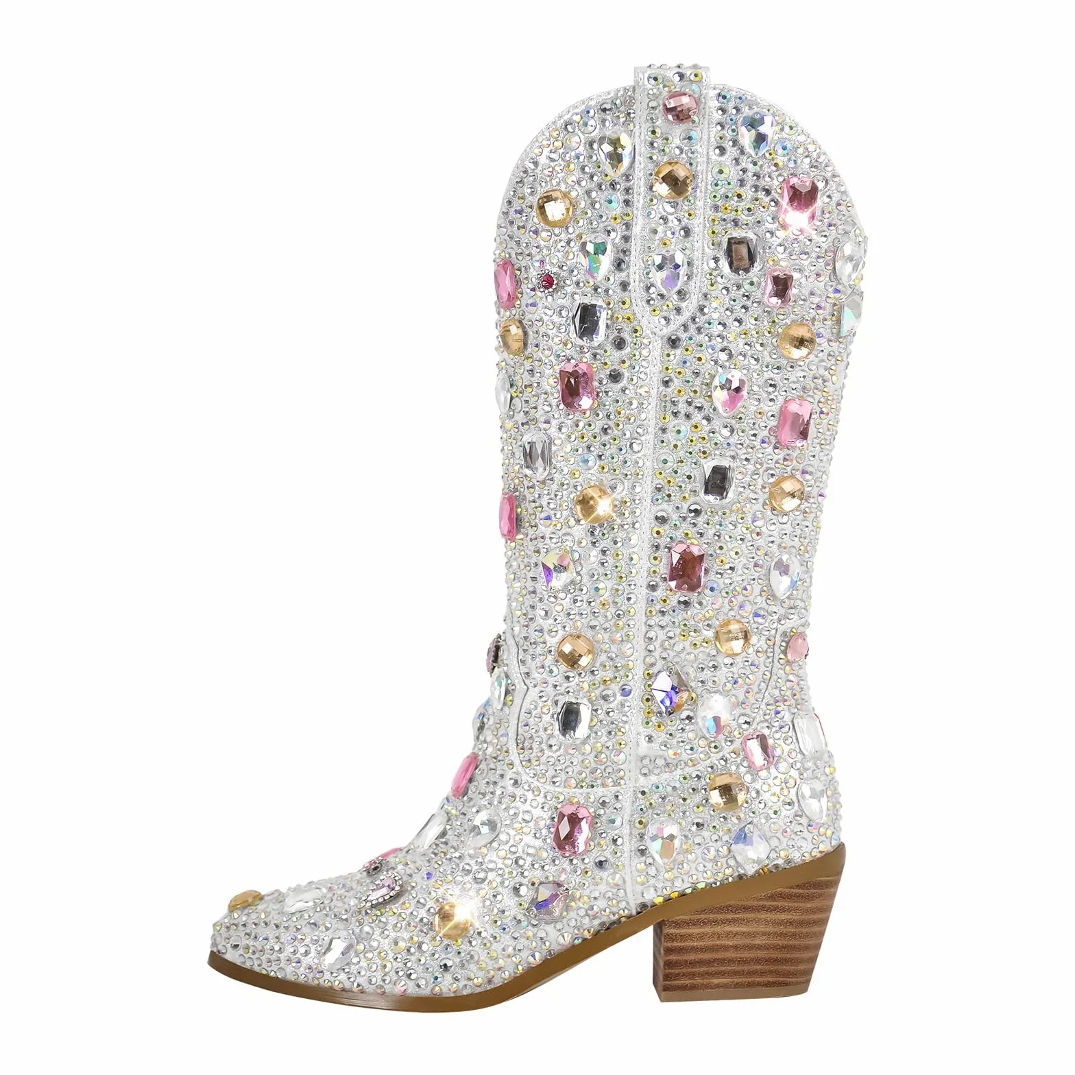 MissHeel Botines de vaquero brillantes con tacón de embudo con purpurina, botas occidentales decoradas con piedras preciosas