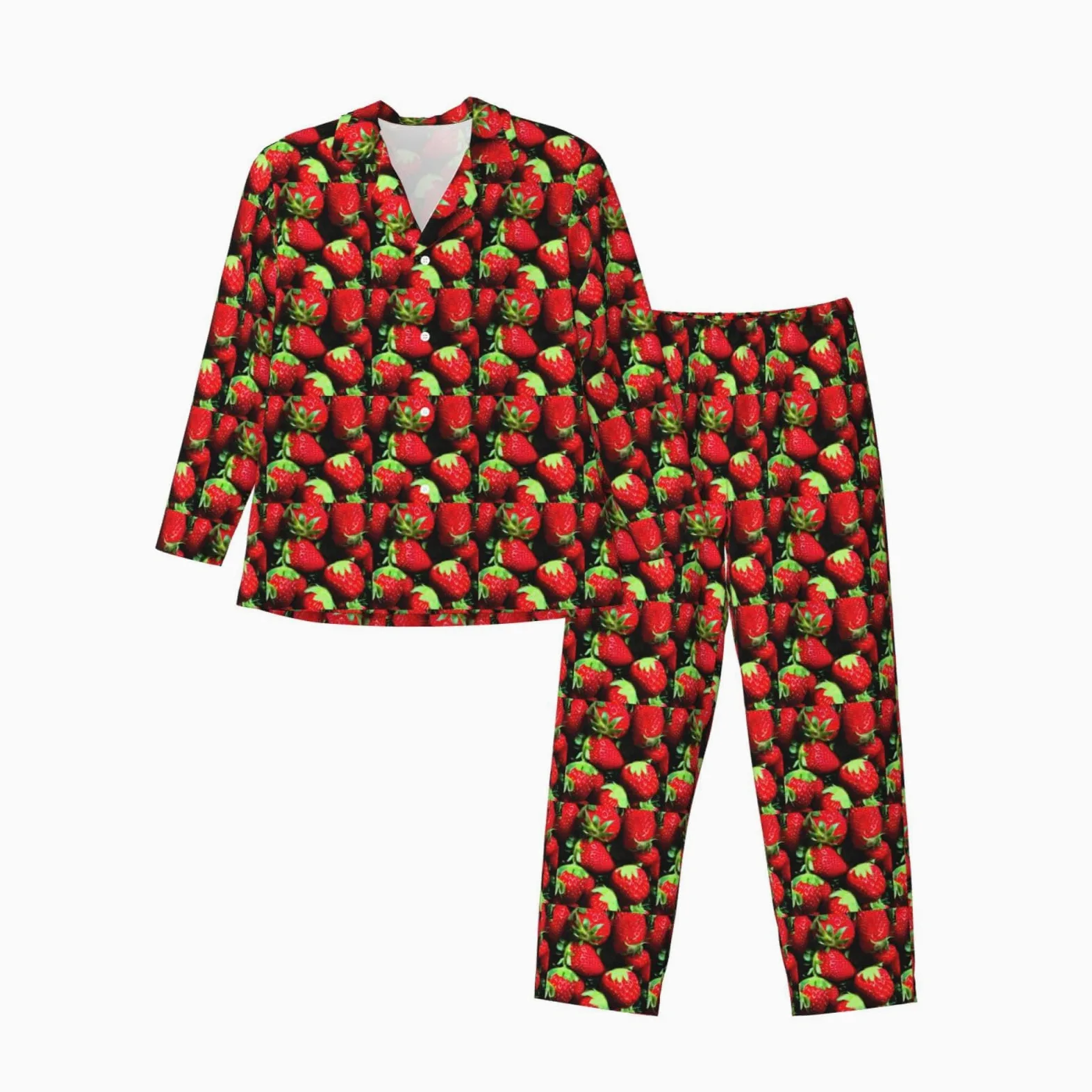 Conjunto de pijama de manga larga para hombre con estampado de fresas, transpirable, acogedor, ropa de dormir para el hogar