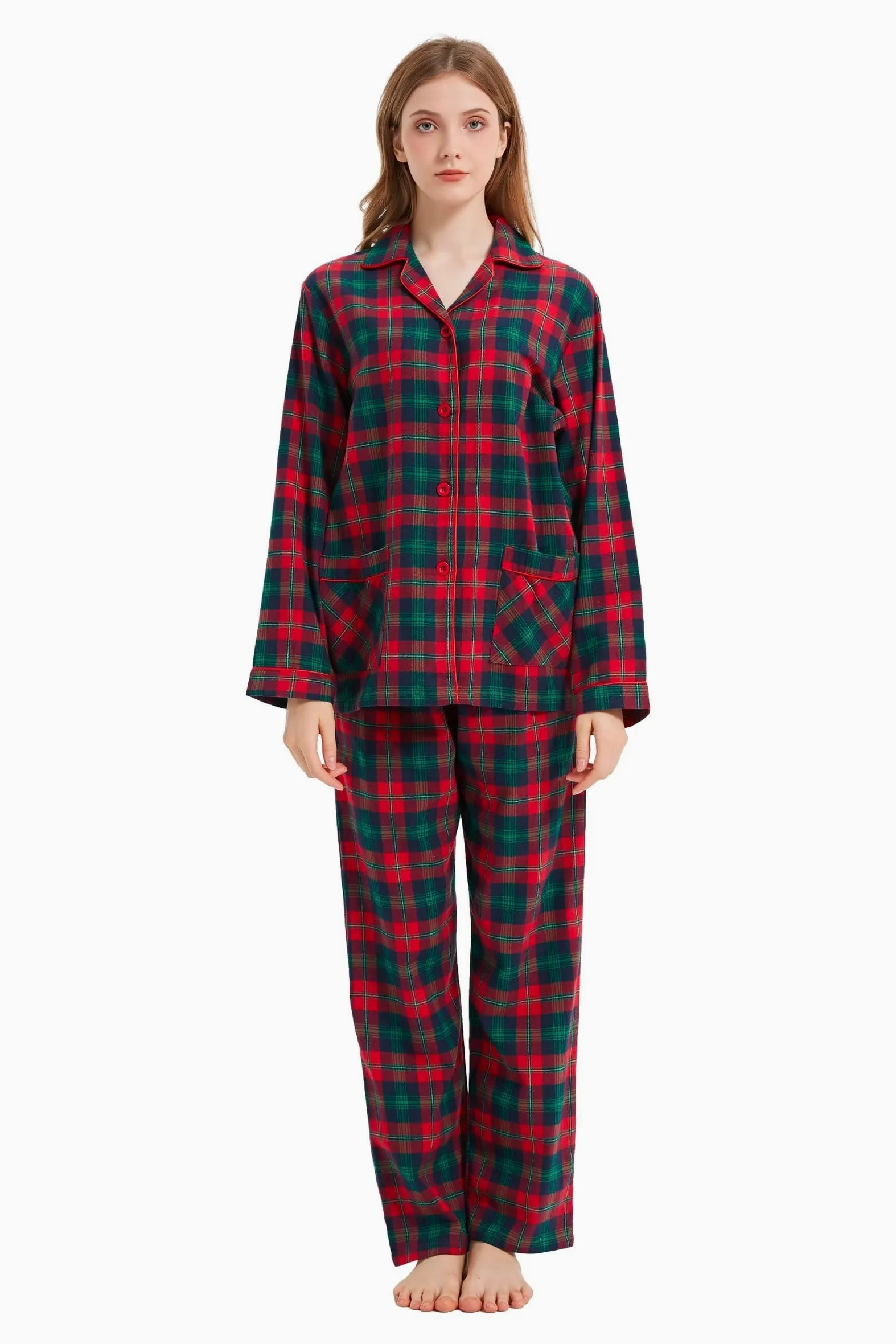 Conjunto de pijama de franela de algodón 100% para mujer, teñido en hilo, acogedor pijama de manga larga para el invierno