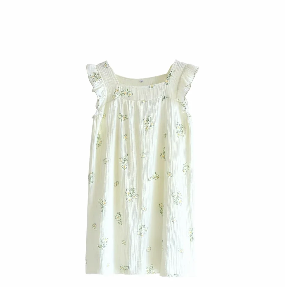 Camisón Para Mujer - Ropa De Dormir De Verano Para Mujer, Vestido Con Tirantes De Crepé De Algodón, Vestido Bonito Sin Mangas Con Borde De Oreja De Madera, Camisón De Talla Grande Para El Hogar