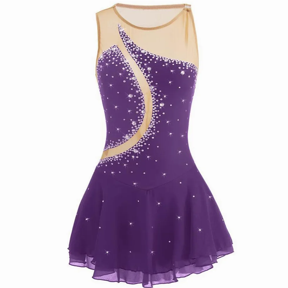 Vestido profesional de patinaje artístico para niñas, sin mangas, con diamantes de imitación, para danza sobre hielo, patinaje, gimnasia, leotardos