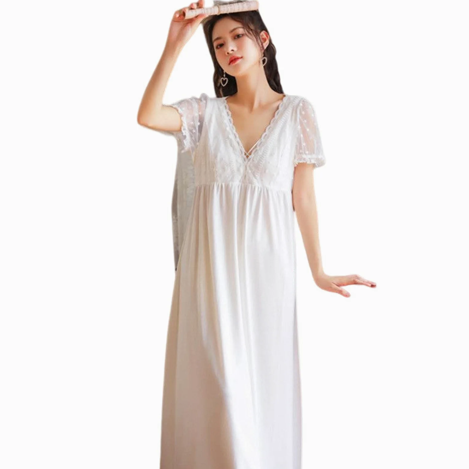 OFFSUM Camisón De Pijama De Mujer - Camisón Informal De Verano Longitud Media De Color Sólido Vestido De Palacio De Algodón Ropa De Descanso Sexy De Encaje con Cuello En V