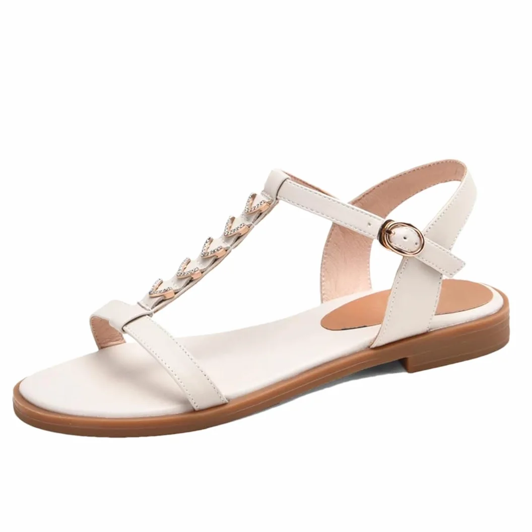 Sandalias redondas de verano para mujer, con correa frontal y trasera, tacón cuadrado, con correa en T, de piel de vaca, con detalles de cristales