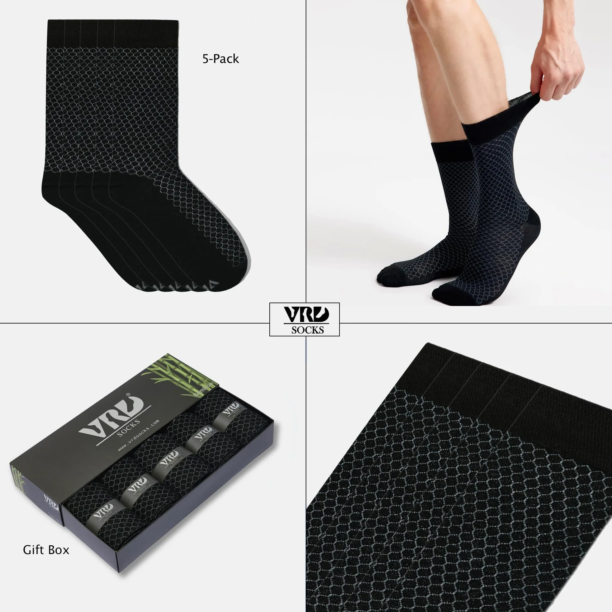VRD - Calcetines de vestir para hombre, paquete de 5 calcetines de bambú para hombre, longitud a media pantorrilla, calcetines de regalo para hombre, talla 8-13