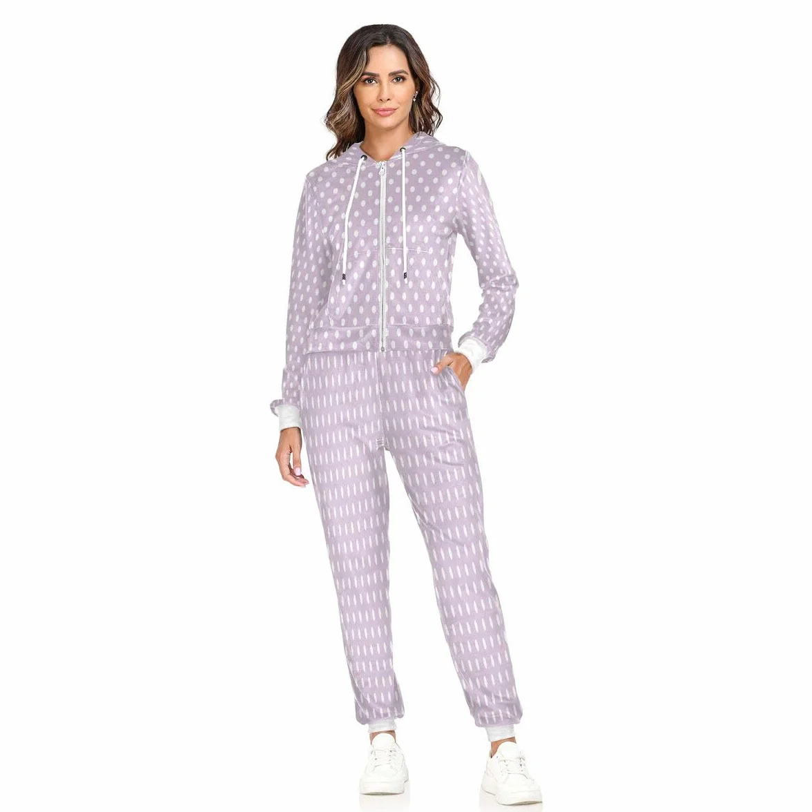 Conjunto deportivo de 2 piezas para mujer, diseño de lunares, color blanco y morado, conjunto deportivo de manga larga, color morado cardo