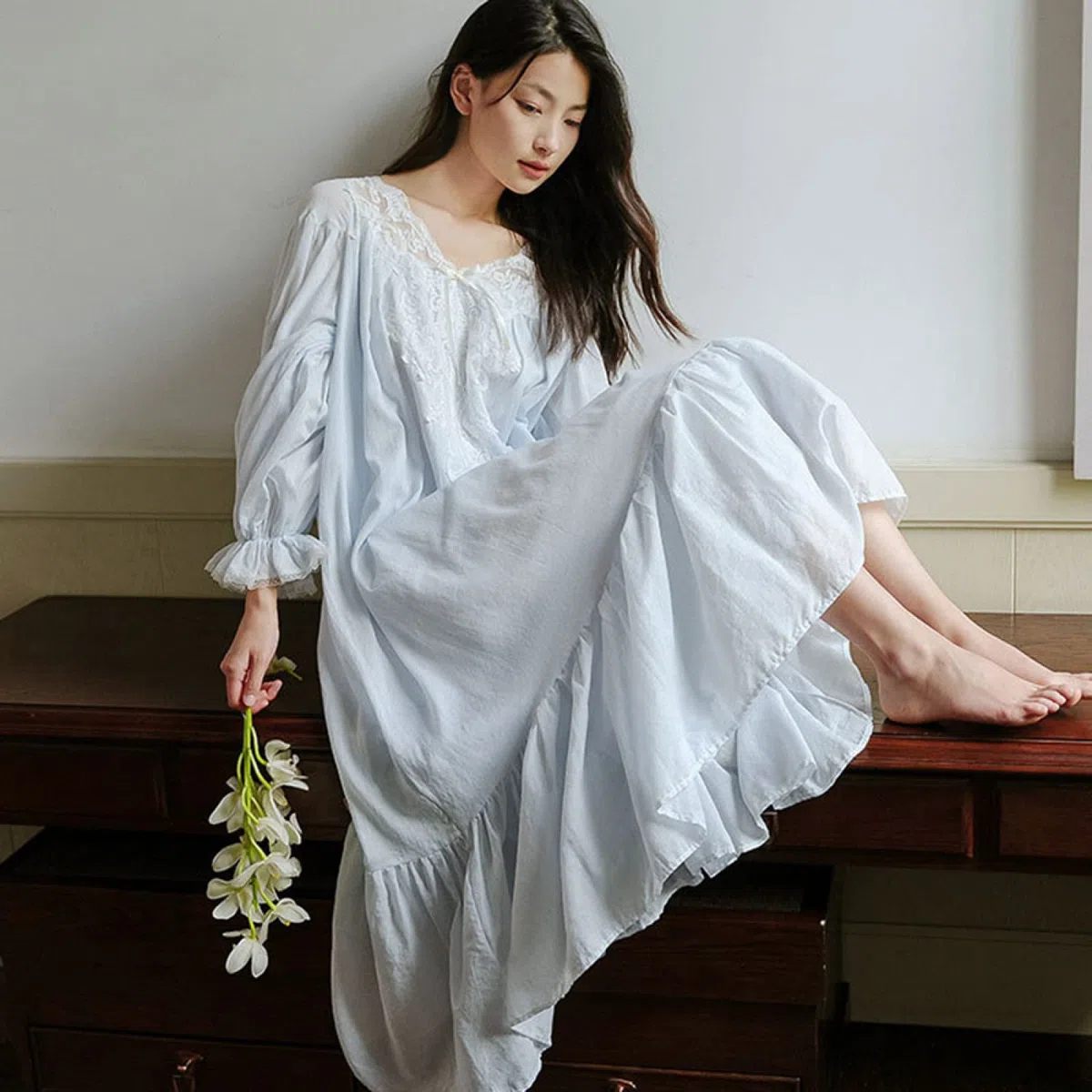 OFFSUM Camisón De Pijama De Mujer - Color Sólido V Cuello Camisón Casual Encaje Elegante Palacio Dulce Camisón Primavera Otoño Loungewear Ropa De Dormir Lencería