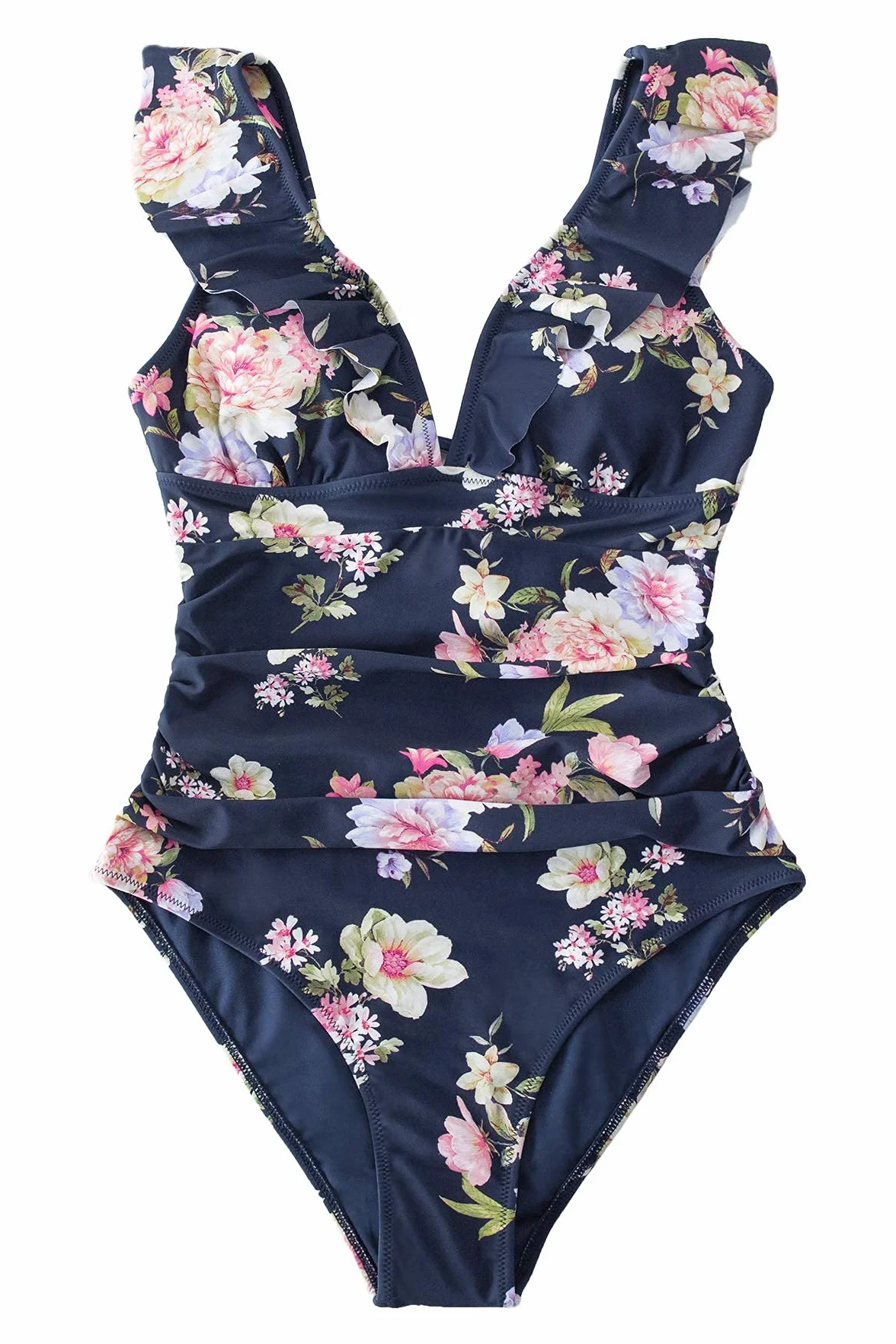 CUPSHE Bañador para Mujer Volante Cuello en V Fruncido Traje de Baño de Una Pieza