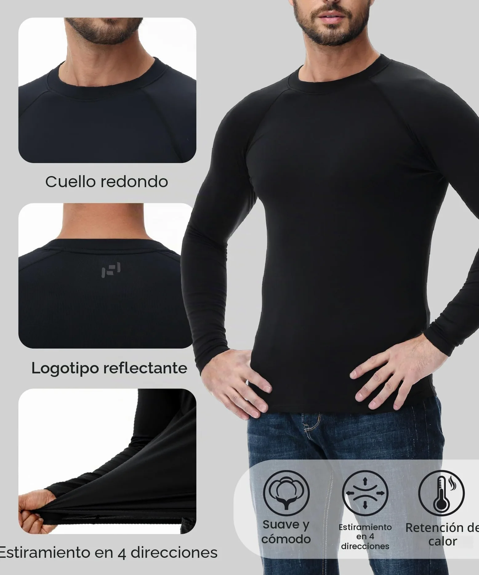 HUGE SPORTS - Camiseta térmica de invierno para hombre, primera capa, manga larga, de secado rápido, para running y ciclismo