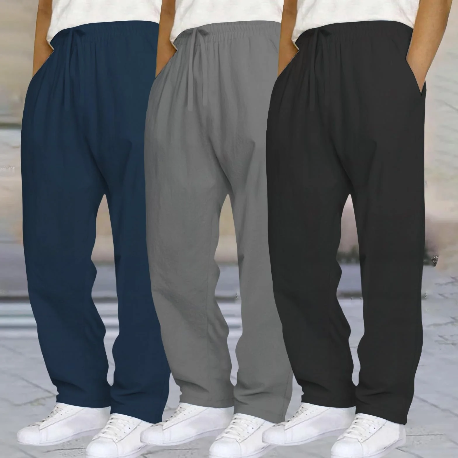 Generisch Pack de 3 pantalones de chándal largos para hombre, holgados, transpirables, de un solo color, pantalones deportivos elegantes, pantalones de chándal prácticos, pantalones ligeros para