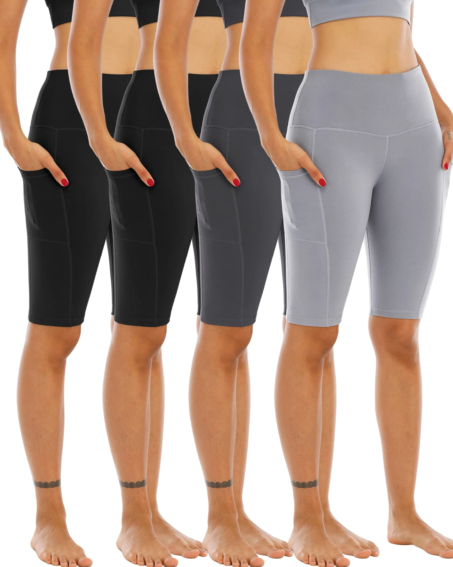 WHOUARE Paquete de 4 pantalones cortos de yoga o ciclista con bolsillos para mujer, cintura alta, atléticos, correr, entrenamiento, gimnasio, control de abdomen, M