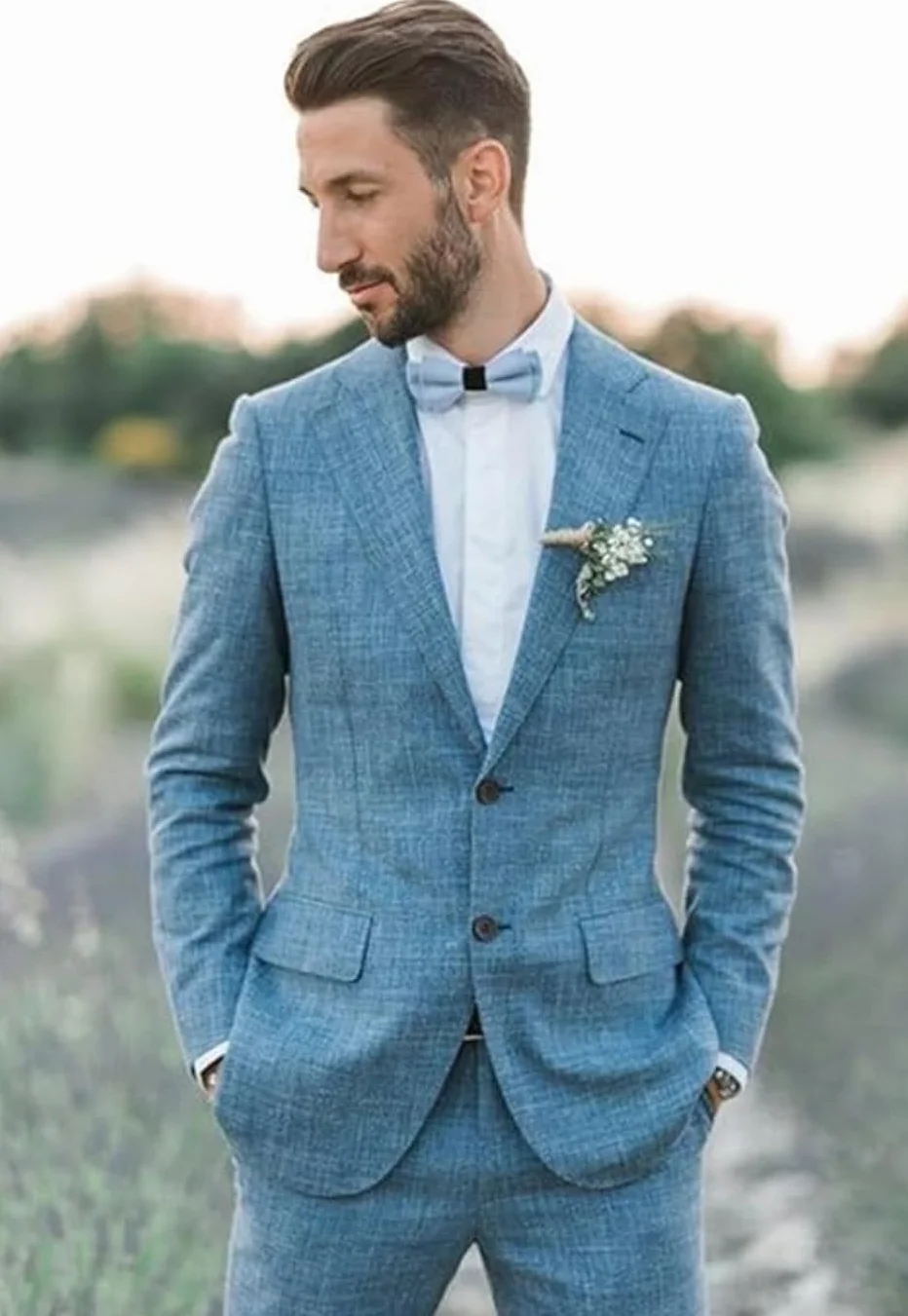 Traje de lino 2 piezas hombre ajustado verano boda novio chaqueta esmoquin pantalones