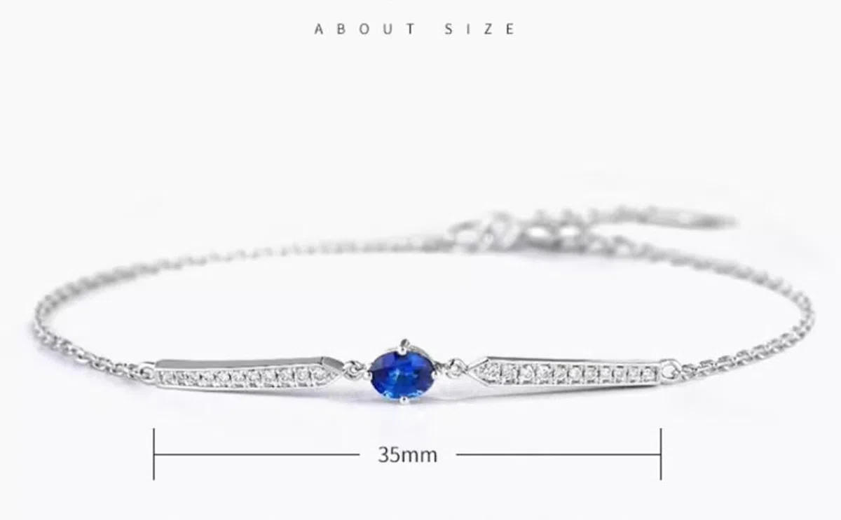 Pulsera de moda para mujer, pulseras de cadena de zafiro azul de 0,25 quilates, cadena ovalada de oro blanco con diamantes
