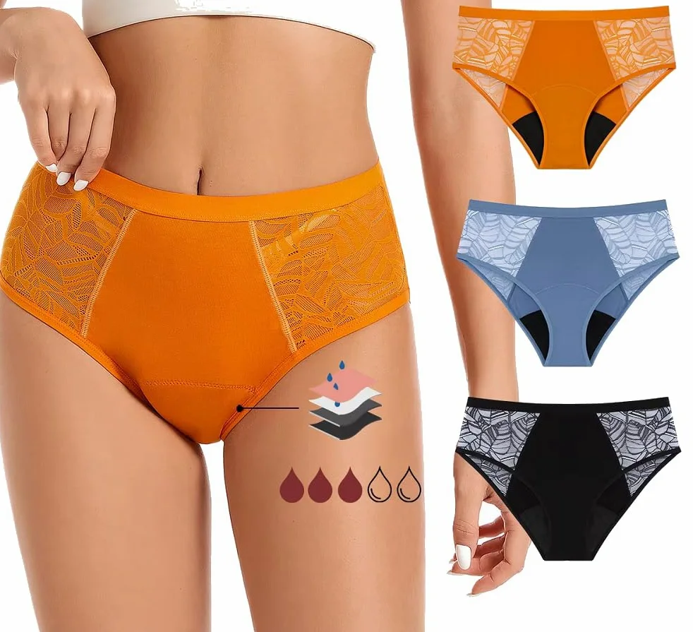 Braguitas Menstruales para Mujer de Encaje para Posparto Con Flujo Abundante Absorbentes A Prueba de Fugas de Algodón Transpirables Suaves Color Naranja Azul y Negro Talla L