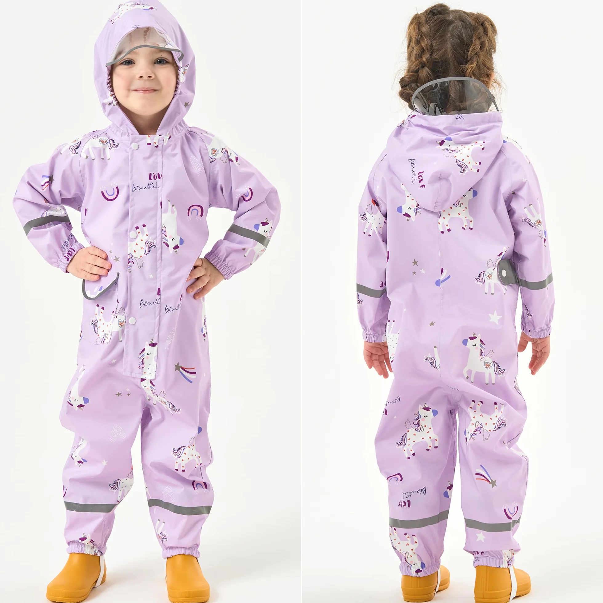 Fewlby Chubasquero Niñas Traje Impermeable, Chaqueta de Lluvia Poncho con Capucha Niños Traje de Lluvia Abrigos Impermeables Reutilizable Mono Impermeable 1-10 Años