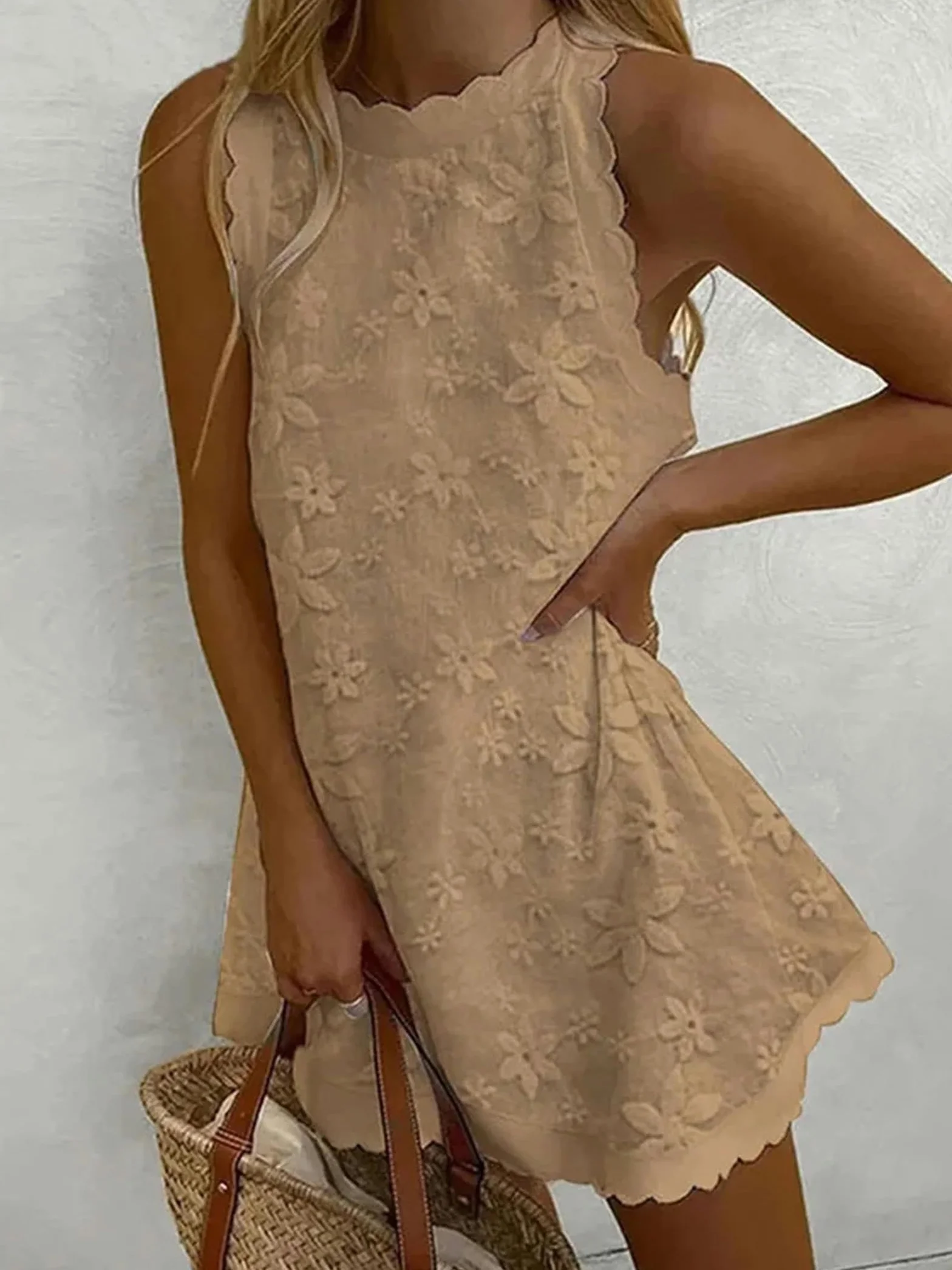 Vestido para Mujer Vestido Sin Mangas para Mujeres Elegante Cuello Redondo Y Suelto Elegante Mini Vestido De Encaje Vestido