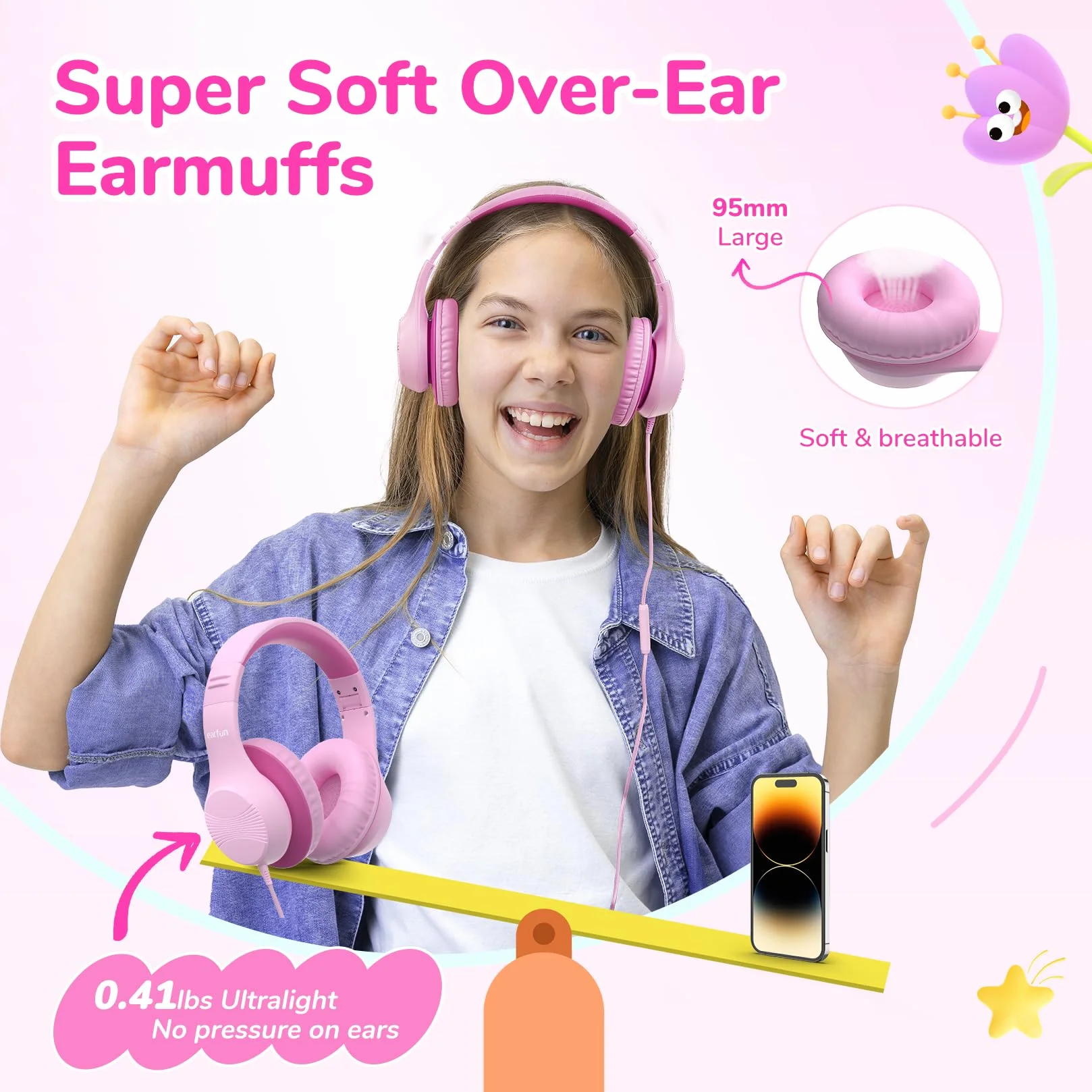 EarFun Auriculares para Niños con Micrófono, Cascos Infantiles con Cable Jack 3,5 mm, Volumen Limitado 85/94 dB, Sonido Estéreo HD, Diadema Plegable para Pad, Tabletas, La Escuela, Rosa