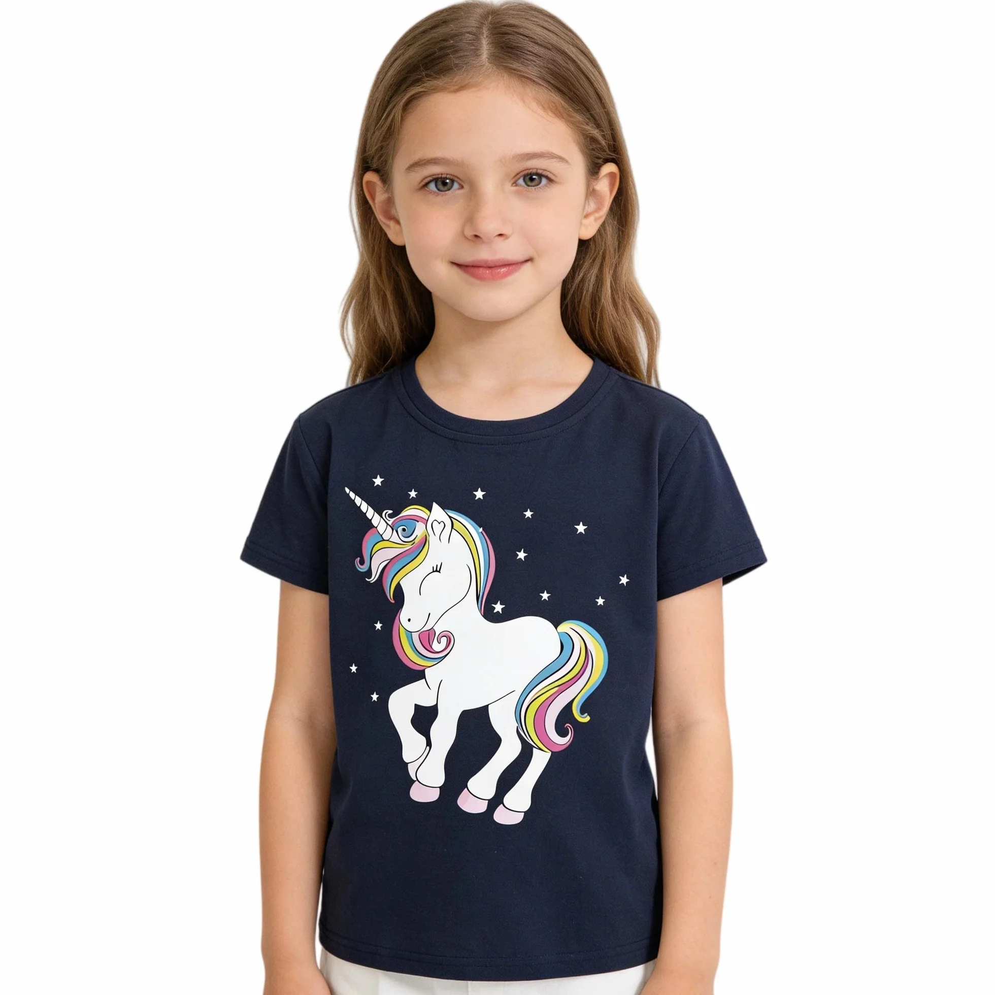 Camisetas de Manga Corta Niñas, Camiseta Algodon para Niña de Verano, Cuello Redondo T-Shirts Moda Informal Tops para Niños 3-8 Años