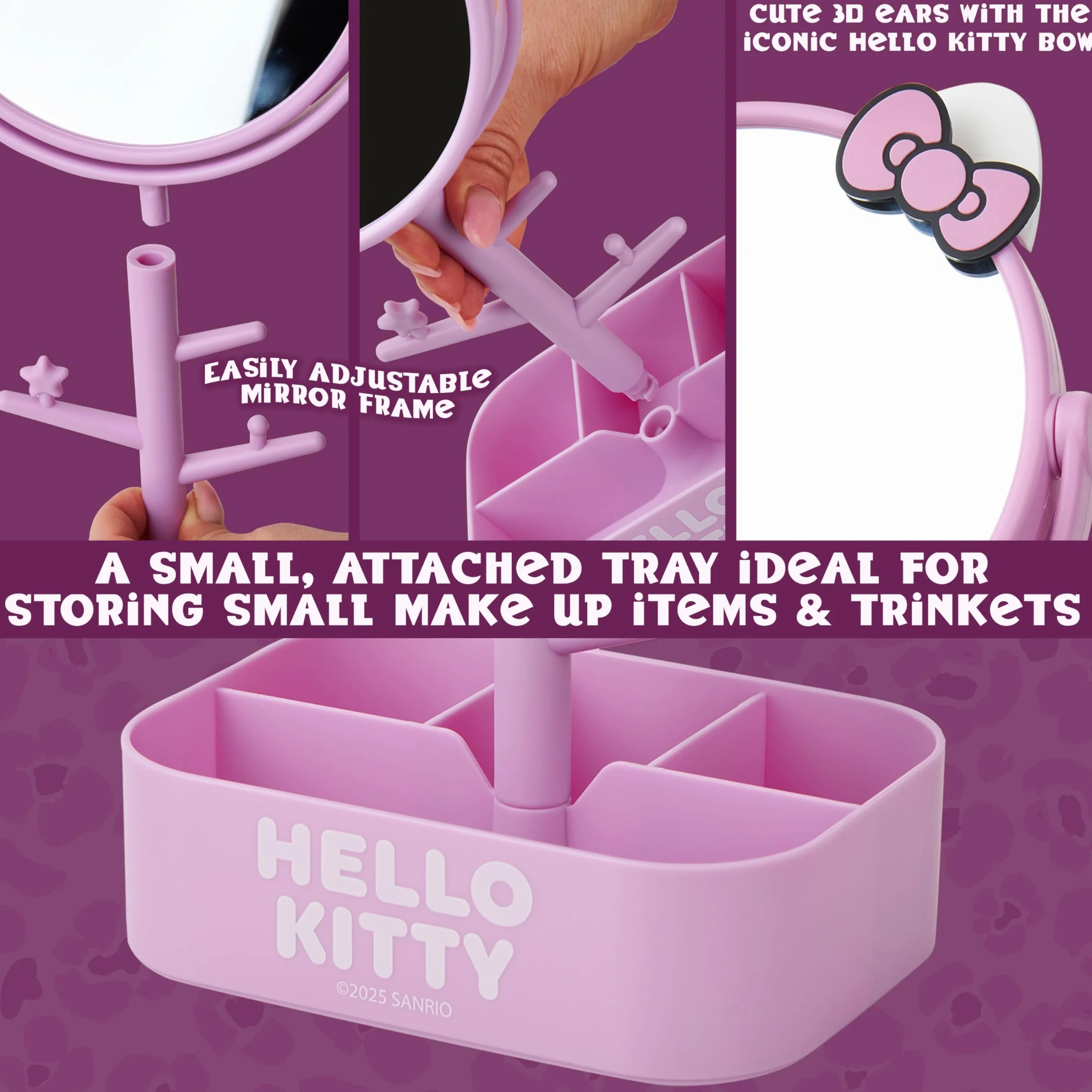 Hello Kitty Sanrio Espejo Tocador Maquillaje Niña con Bandeja Joyas y Soporte Accesorios, Espejo Redondo Decorativo con Orejas 3D, Regalo Original (Rosa)