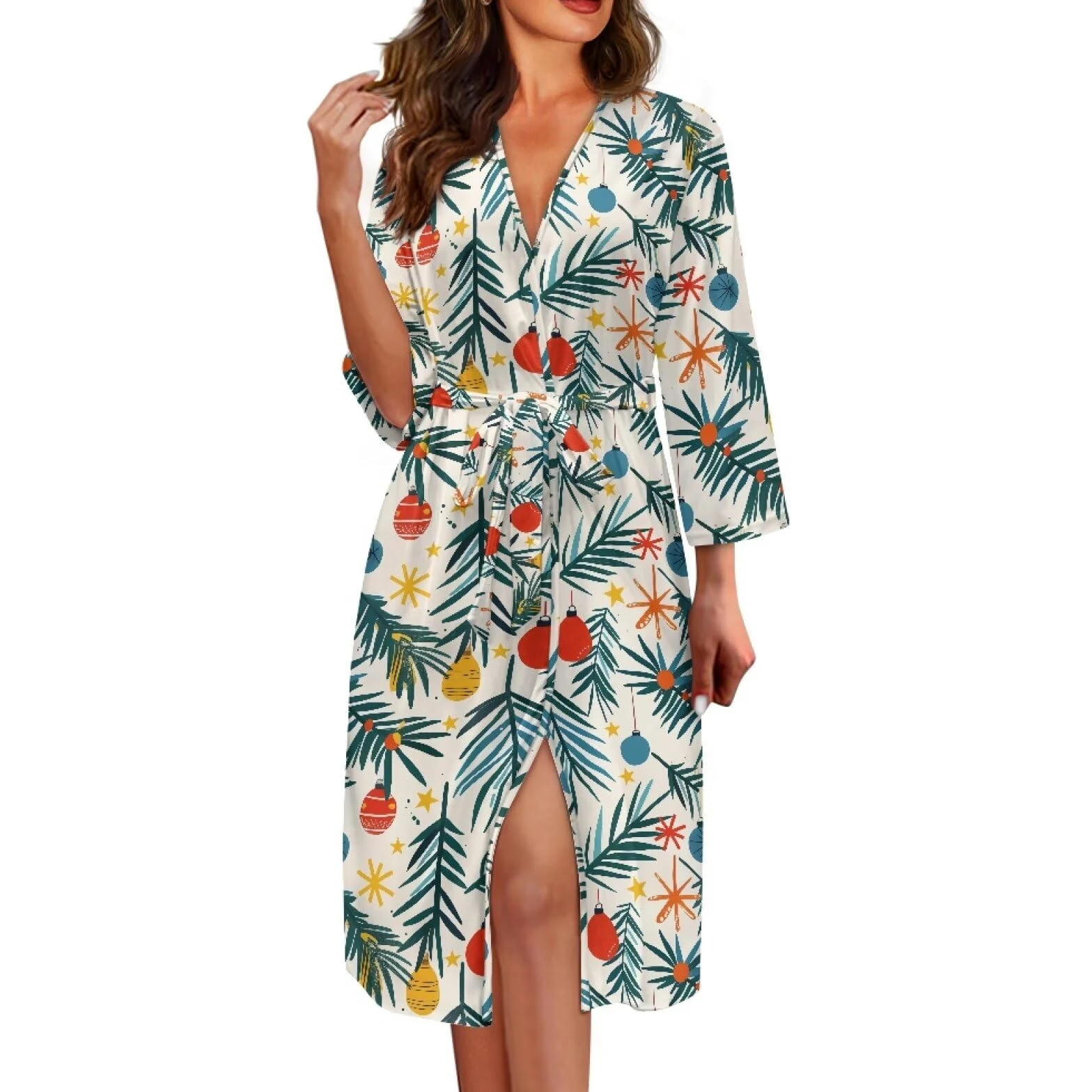 Biyejit Camisón de manga larga con cuello en V para mujer, diseño de hojas tropicales, talla S-2XL, Hojas tropicales, M
